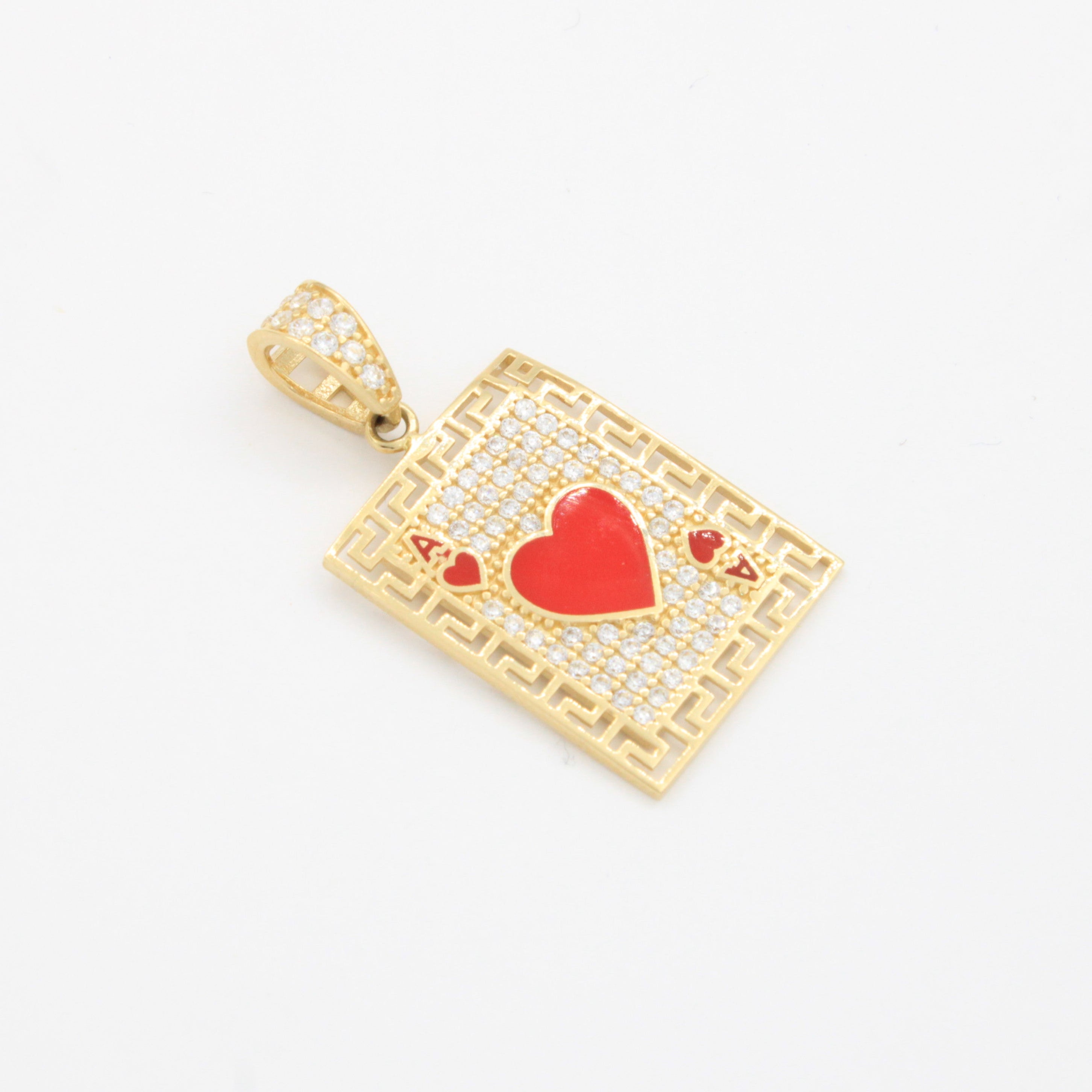 Dije de Oro 14k As de Corazones con Bisel de Grecas Detallado con Incrustación de Zirconias mod. 10782