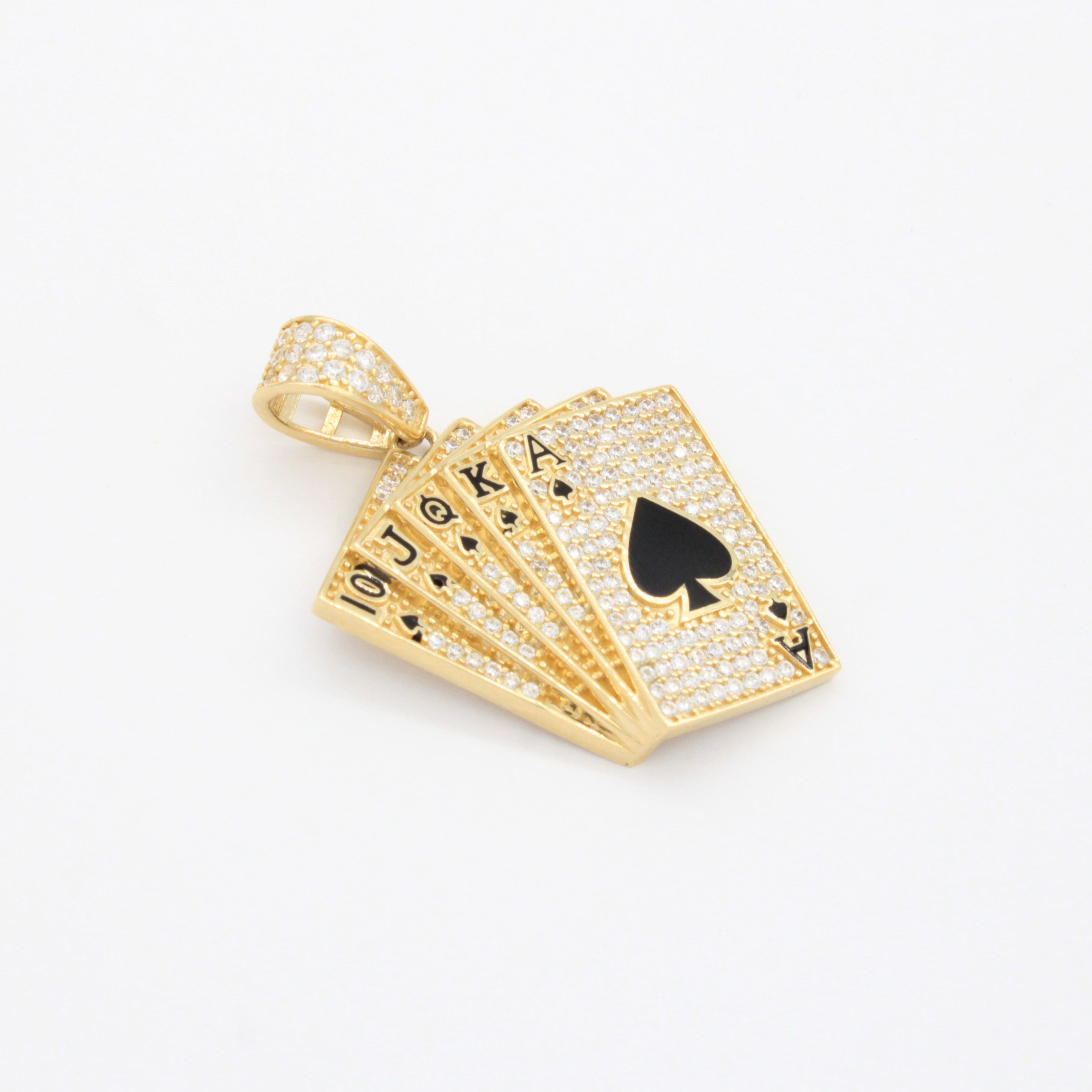 Dije de Oro 14k Mano de Cartas Juego de Picas Negras Detallada con Zirconias mod. 10780