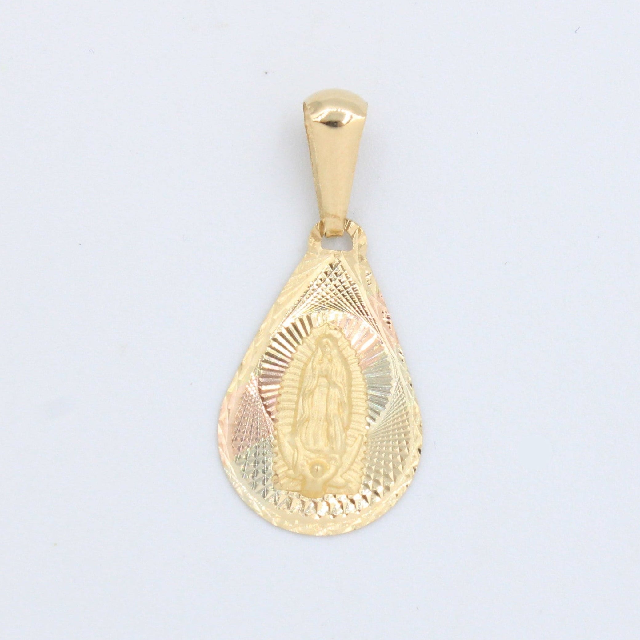 Medalla de oro 14k Virgen de Guadalupe Diseño de Gota Diamantado y Mate mod. 10181