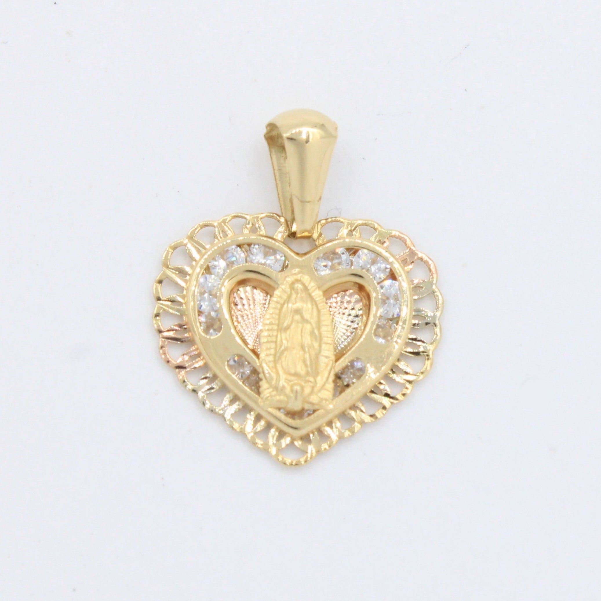 Medalla de oro 14k Virgen de Guadalupe Diseño de Corazón con Incrustado de Zirconias mod. 10179