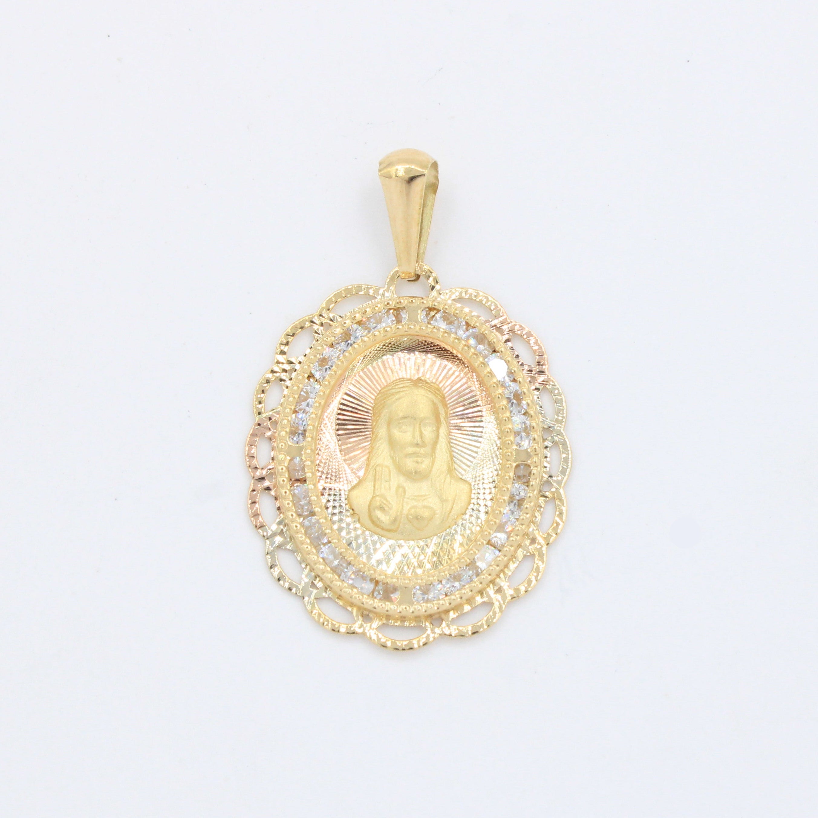 Medalla de oro 14k Sagrado Corazón de Jesús Diseño Oval Diamantado con Incrustado de Zirconias mod. 10184