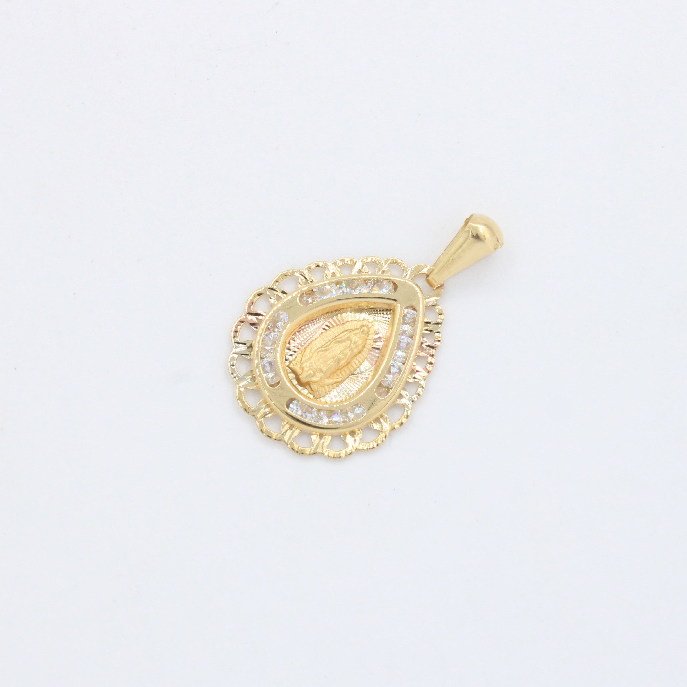 Medalla de oro 14k Virgen de Guadalupe Diseño de Gota con Incrustado de Zirconias mod. 10183