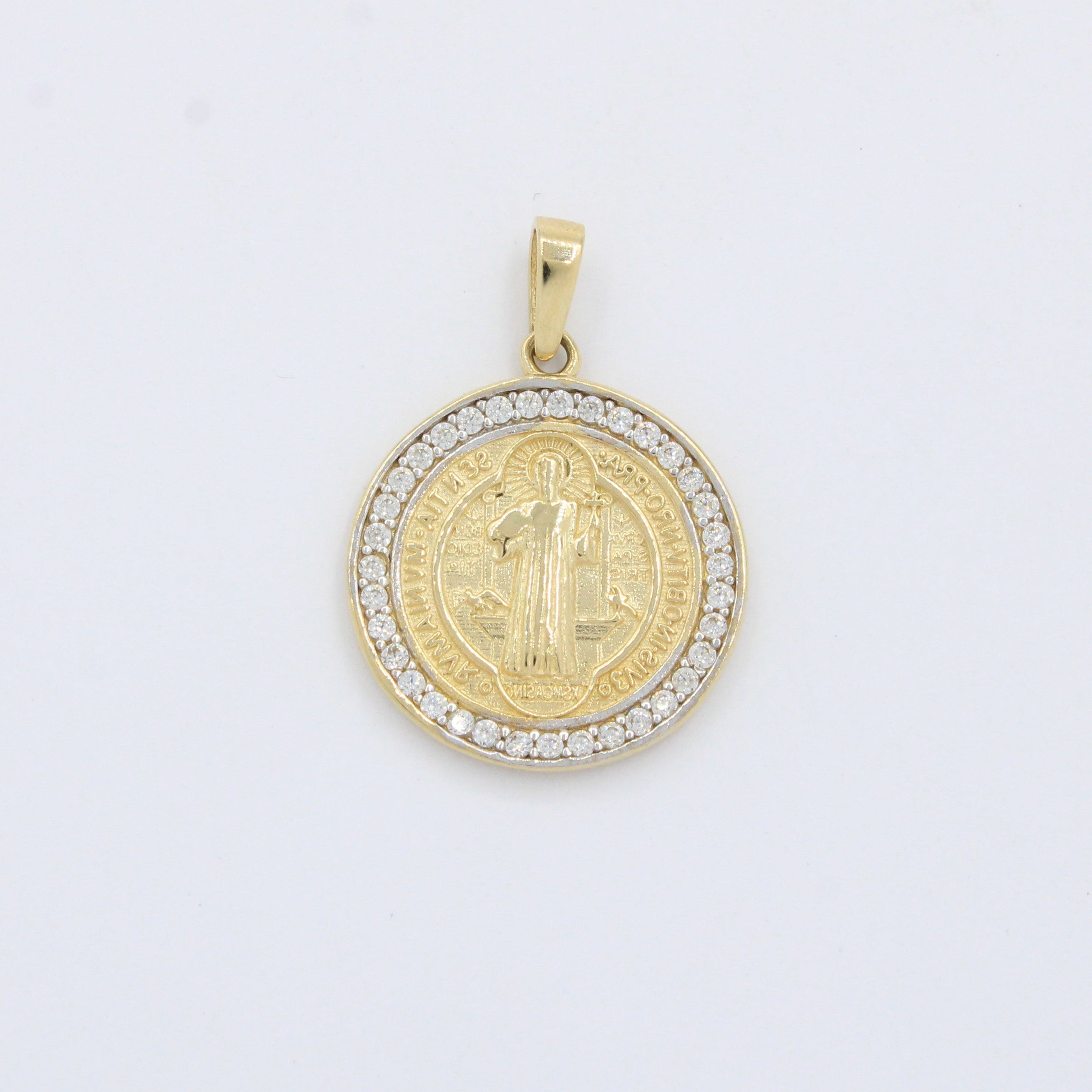 Medalla de Oro 14k San Benito con Bisel de Zirconias mod. 10245