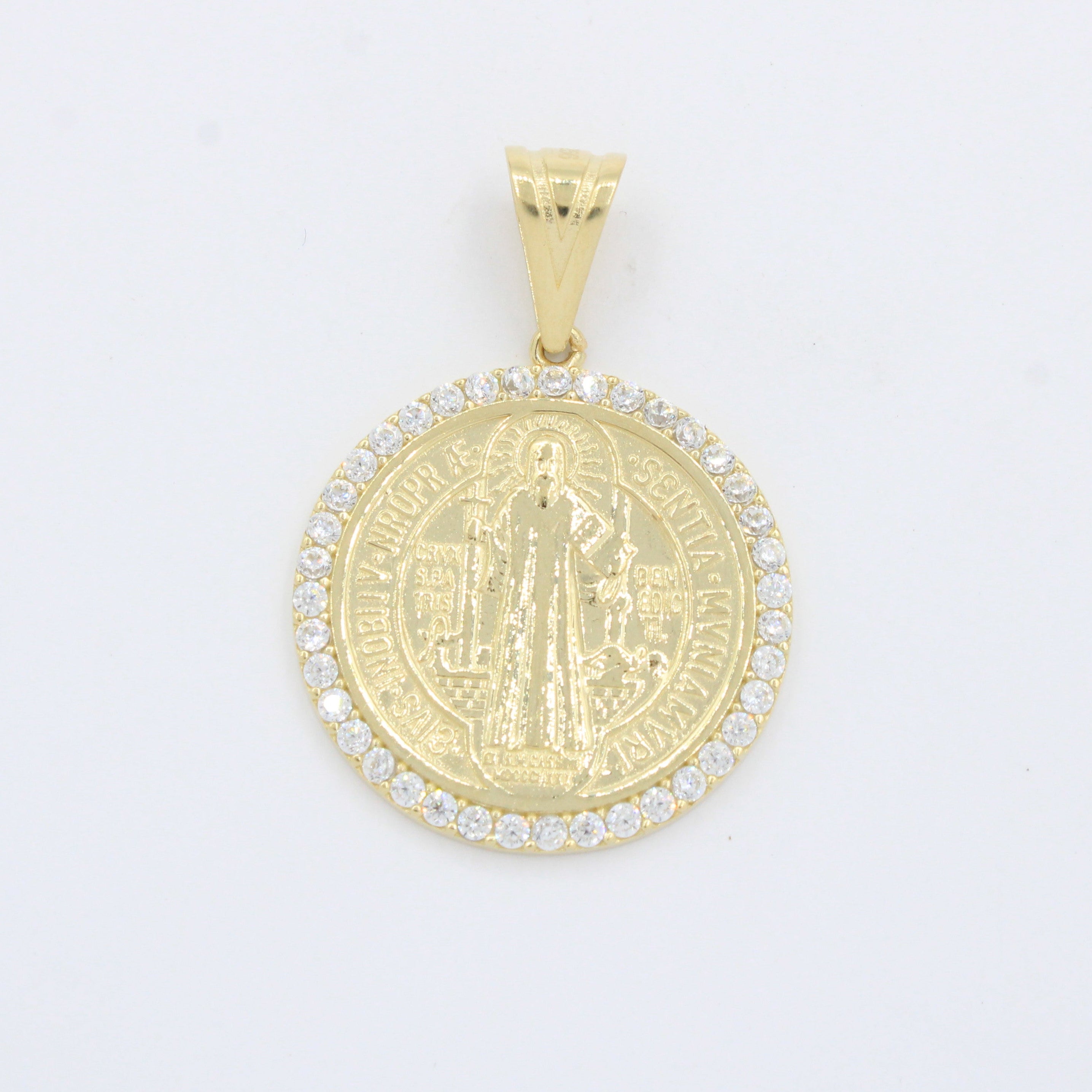Medalla de Oro 14k Diseño con Circunferencia de Zirconias e Imagen de San Benito mod. 10248