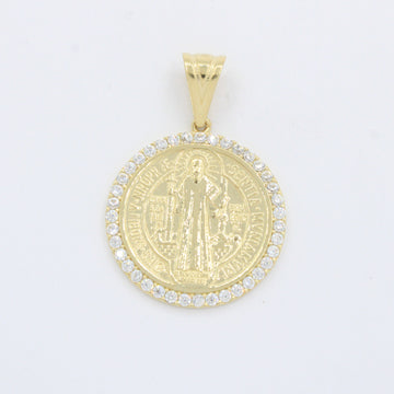 Medalla de Oro 14k Diseño con Circunferencia de Zirconias e Imagen de San Benito mod. 10248