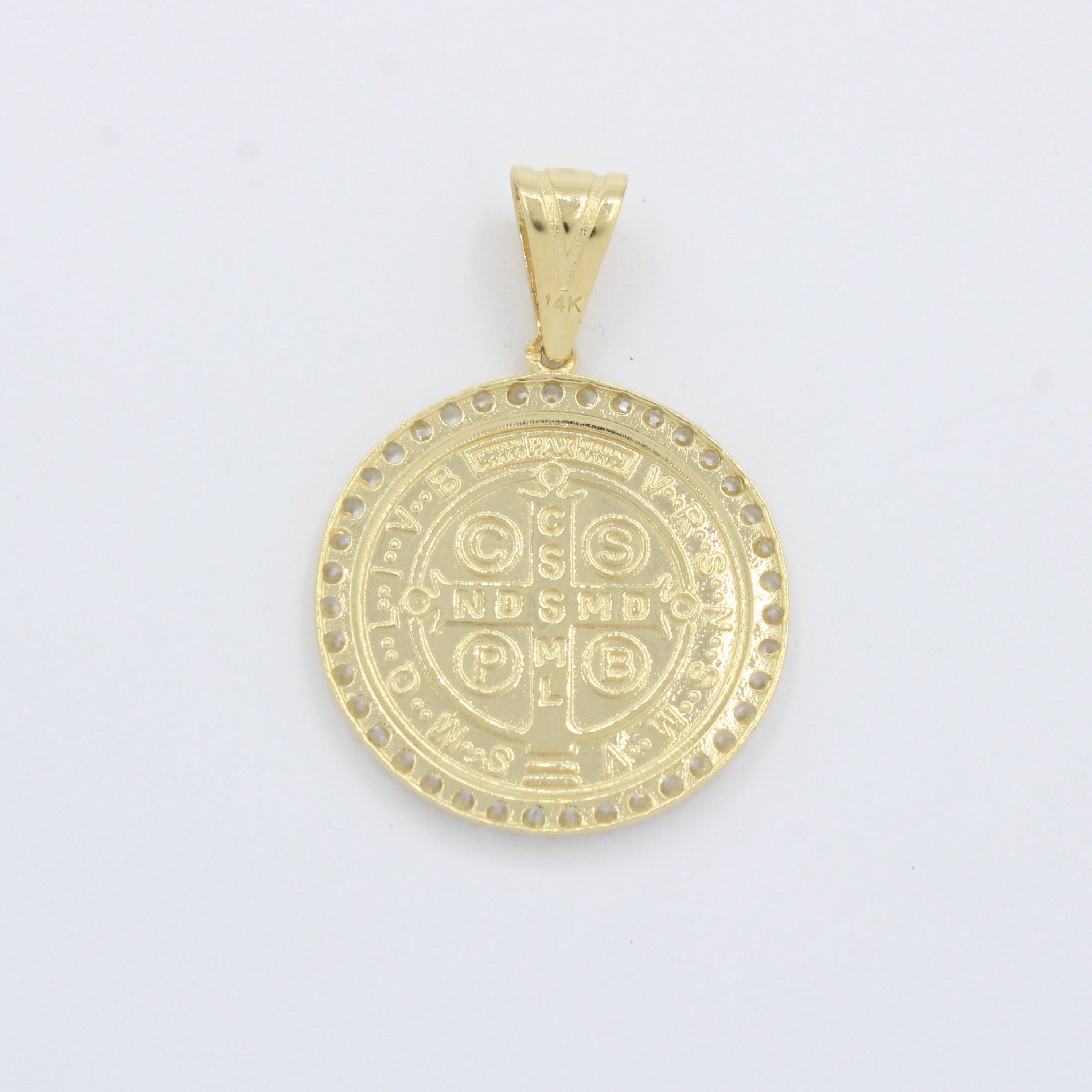 Medalla de Oro 14k Diseño con Circunferencia de Zirconias e Imagen de San Benito mod. 10248