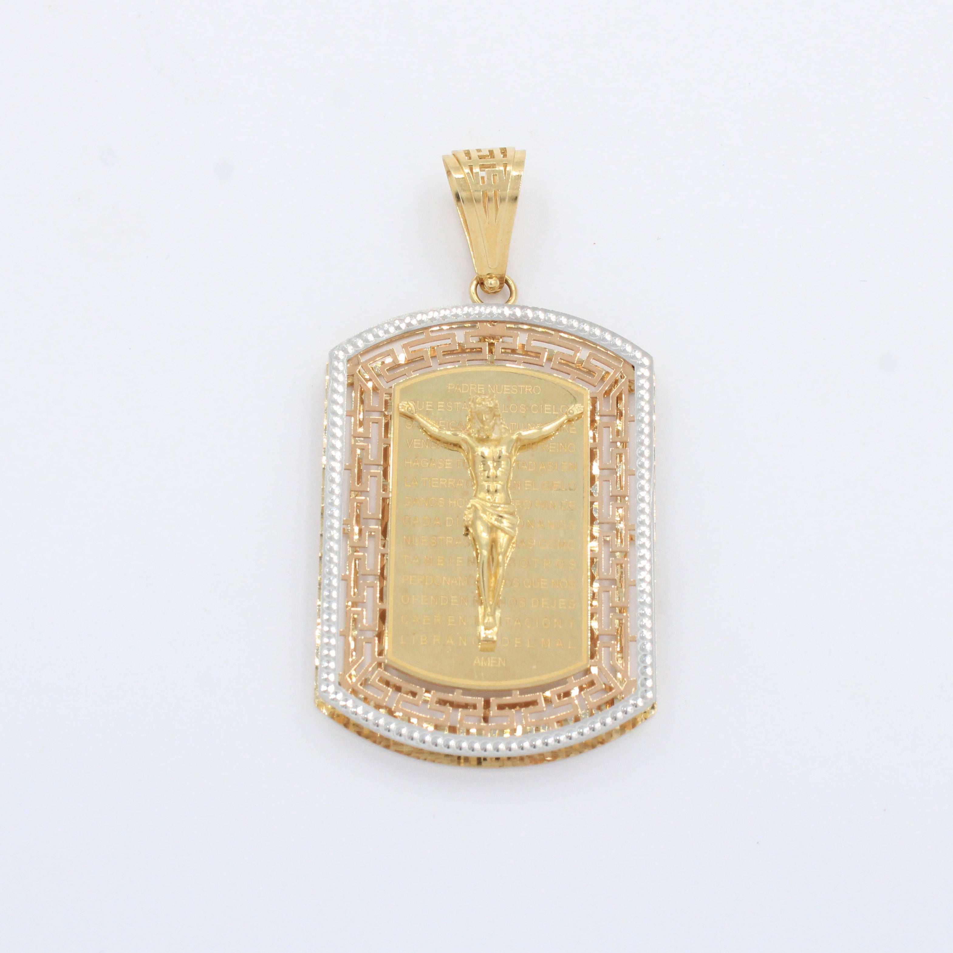 Dije de Oro 14k Religioso de Diseño Plus con Crucifijo Detallado con Grecas e Inscripción del Padre Nuestro mod. 10251
