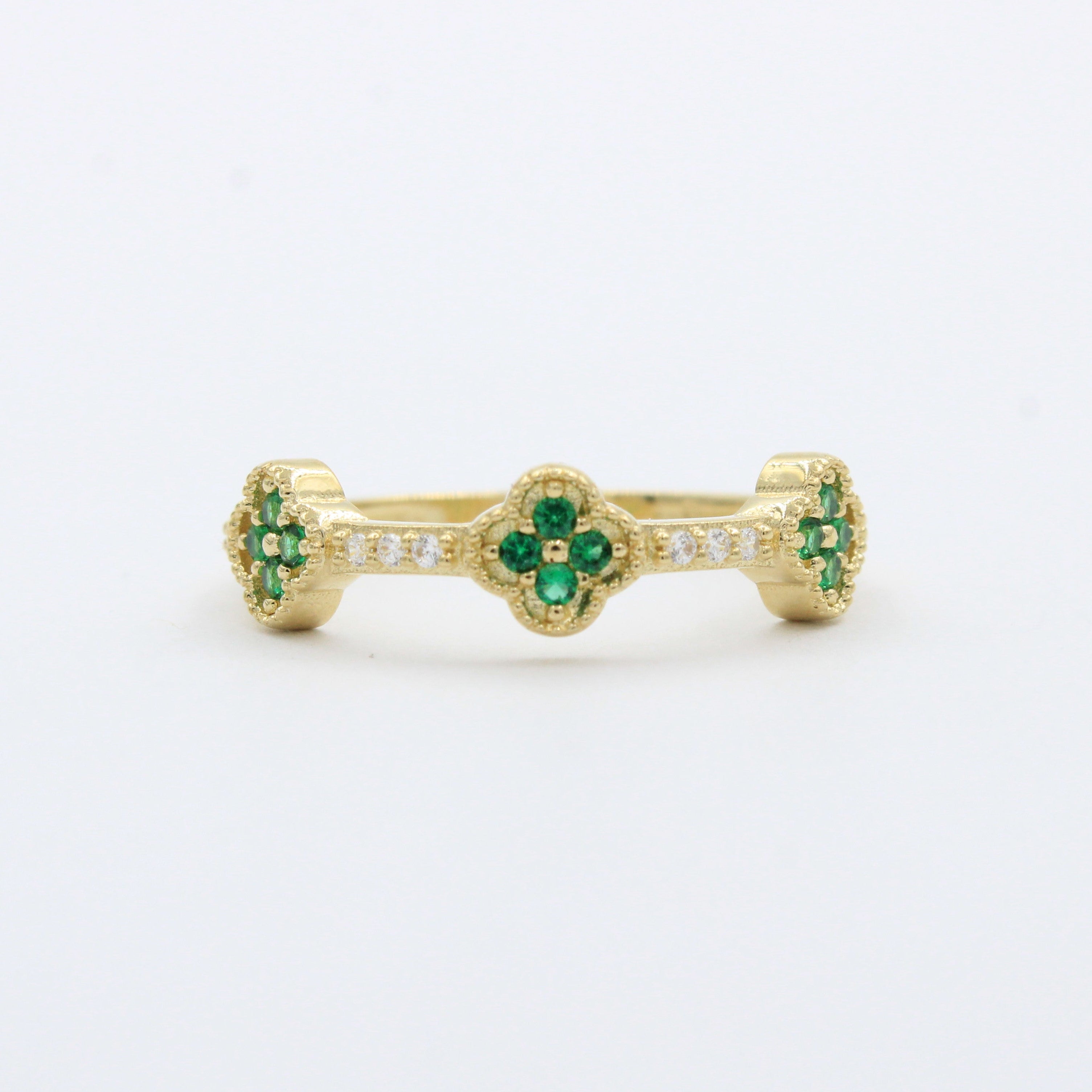 Anillo de Oro 14k con Trébolesde Zirconia Verde mod. 10272