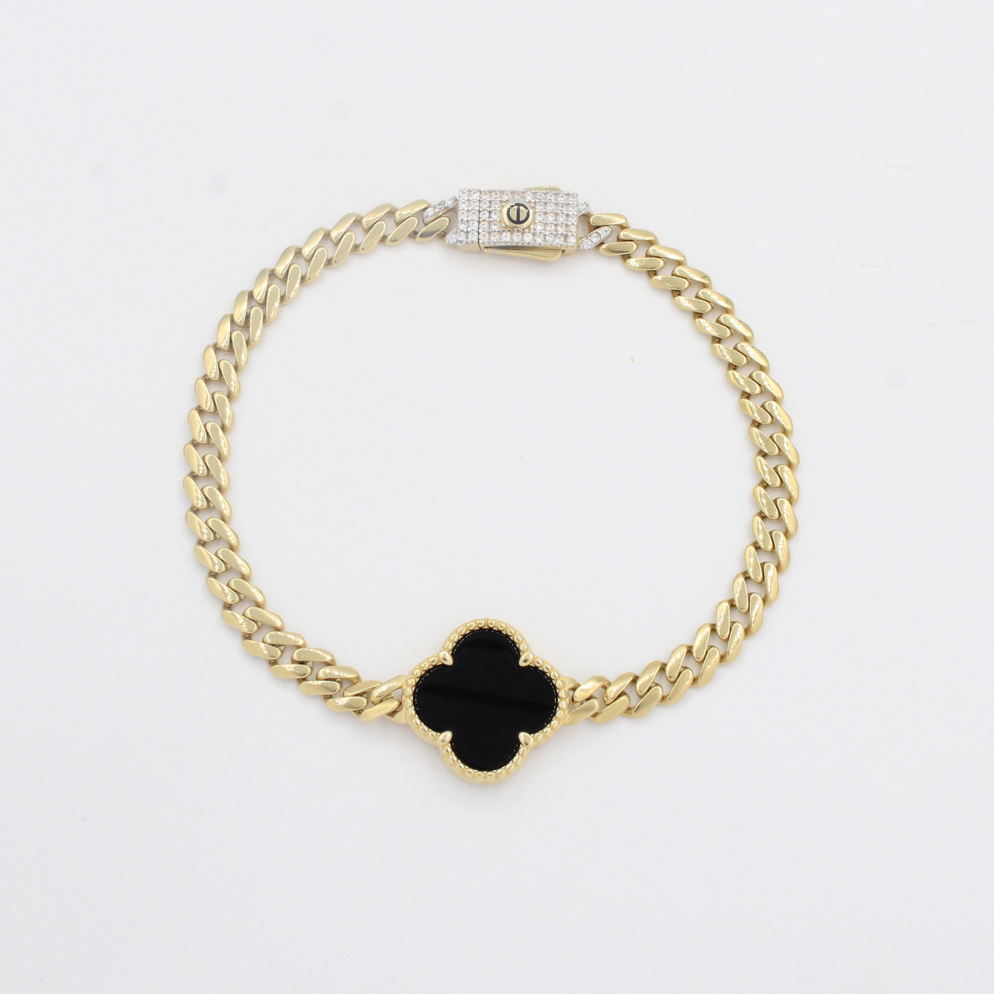 Pulsera de Oro 14k Tejido Barbado Hueco con Trébol de Onix y Zirconias Finas mod. 10304