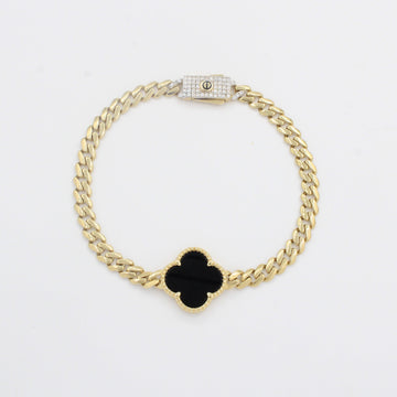 Pulsera de Oro 14k Tejido Barbado Hueco con Trébol de Onix y Zirconias Finas mod. 10304