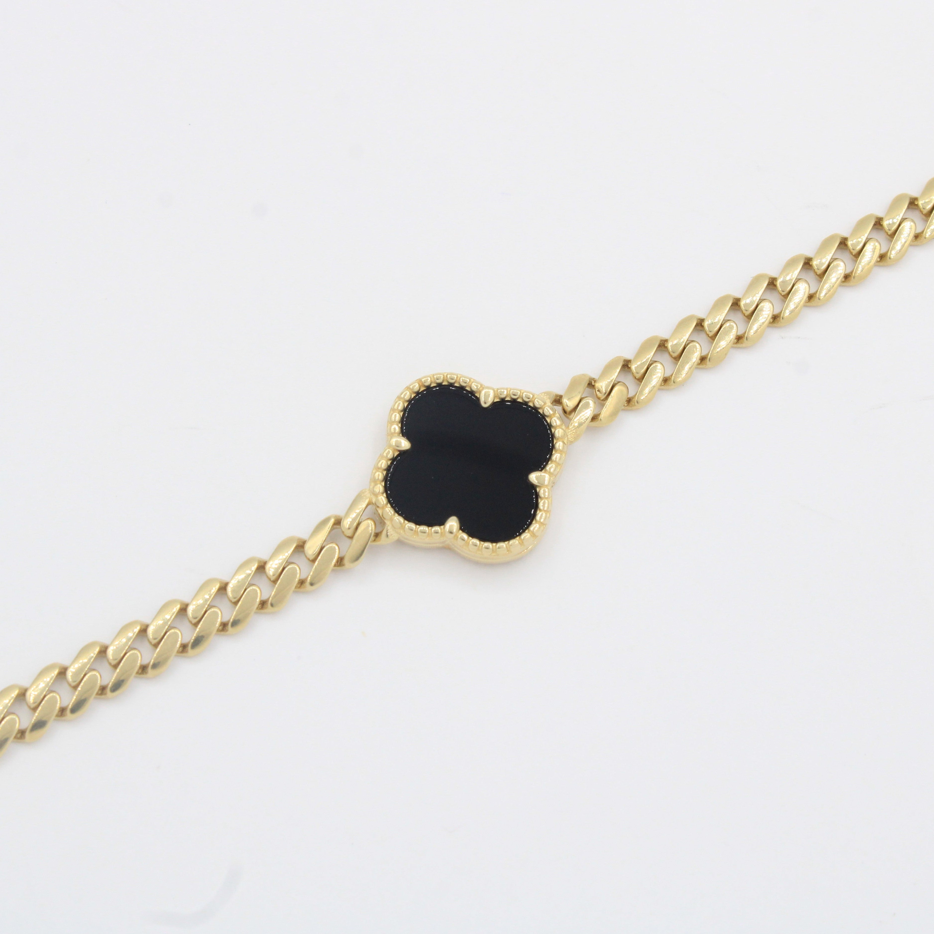 Pulsera de Oro 14k Tejido Barbado Hueco con Trébol de Onix y Zirconias Finas mod. 10304