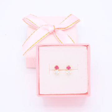 Broquel de Oro 14k Doble Zirconia con Zirconia Magenta Mod. 11158