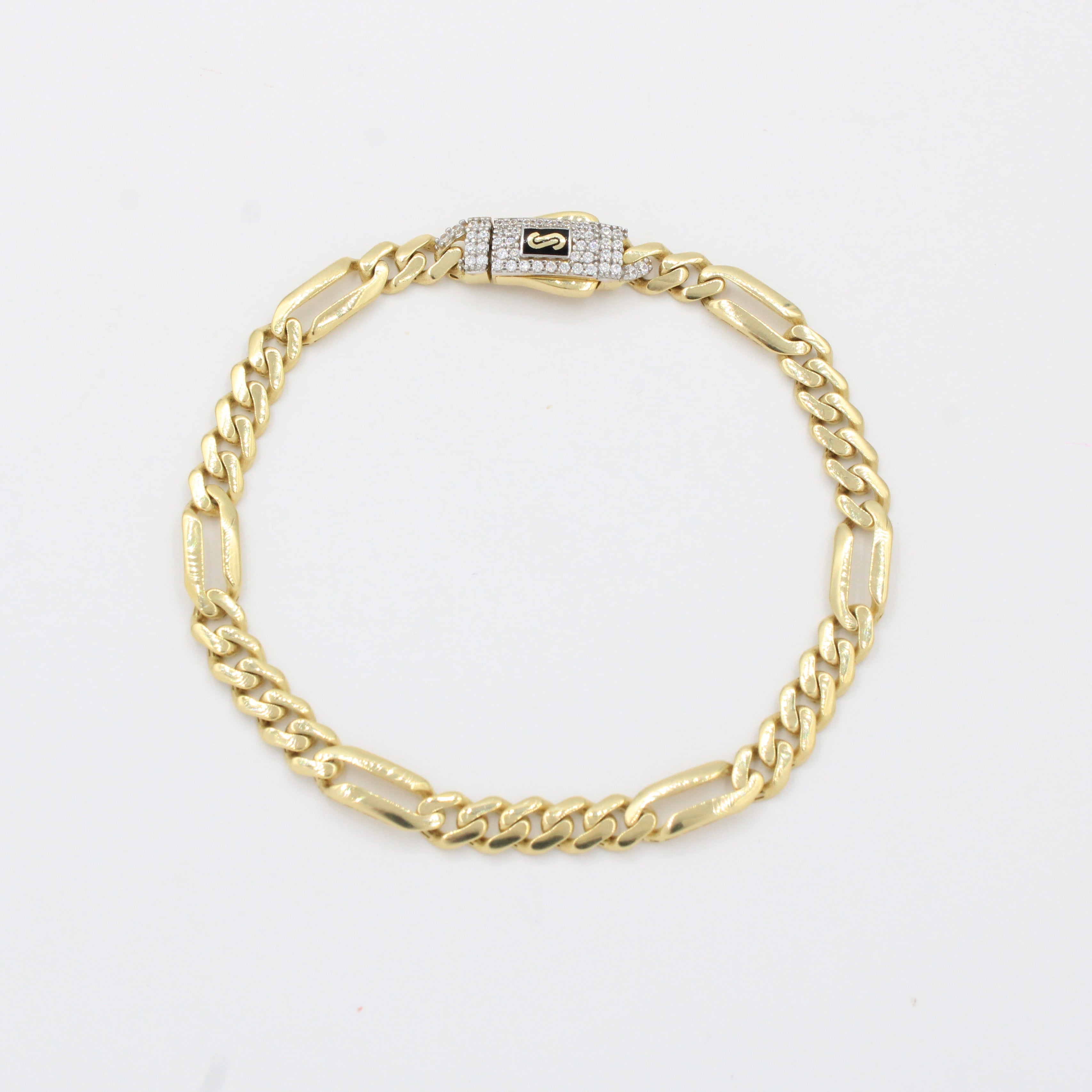 Pulsera Monaco Chain de Oro 14k Hueco Modelo Figaro 5x1 con Broche Pavé Swarovski mod. 10327