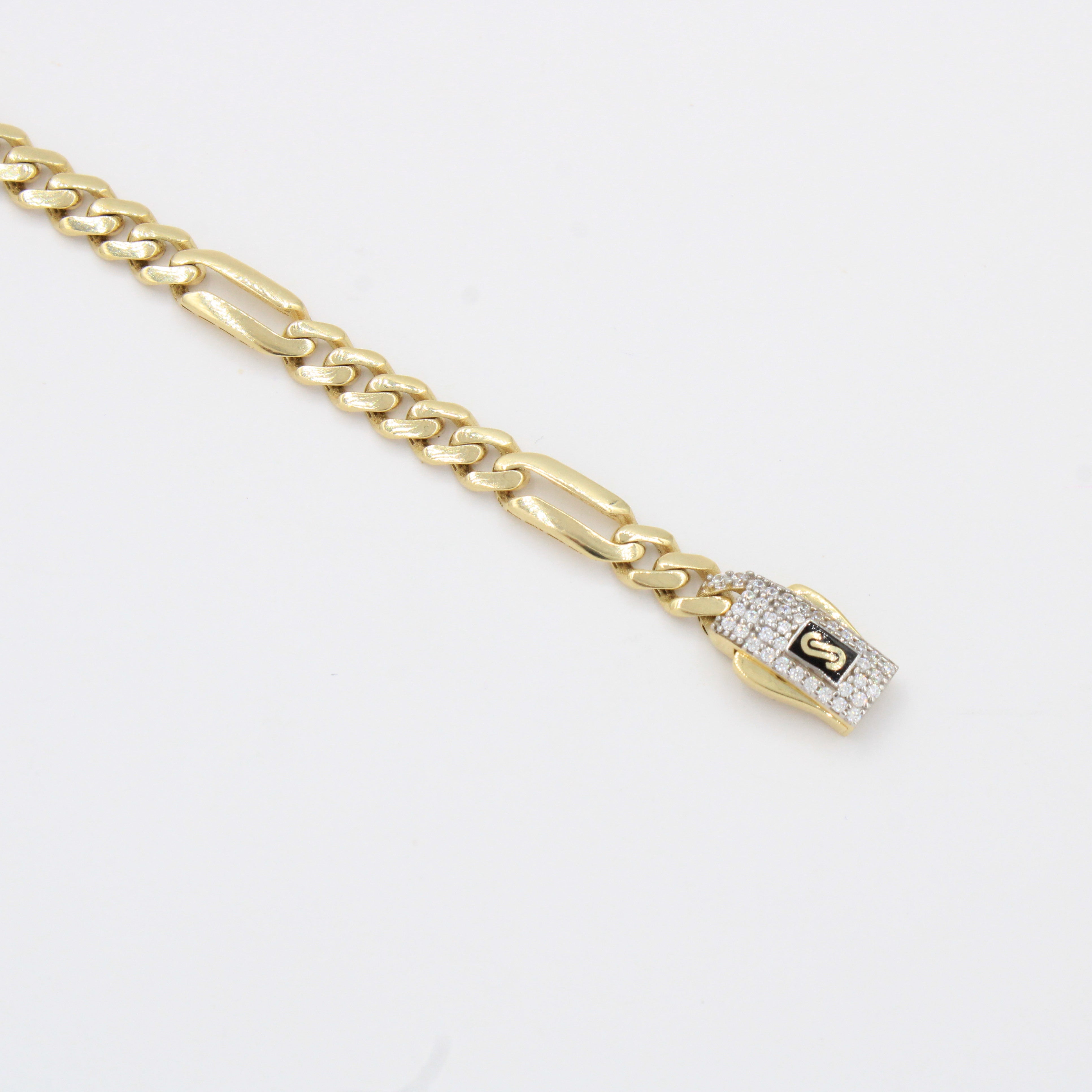 Pulsera Monaco Chain de Oro 14k Hueco Modelo Figaro 5x1 con Broche Pavé Swarovski mod. 10327