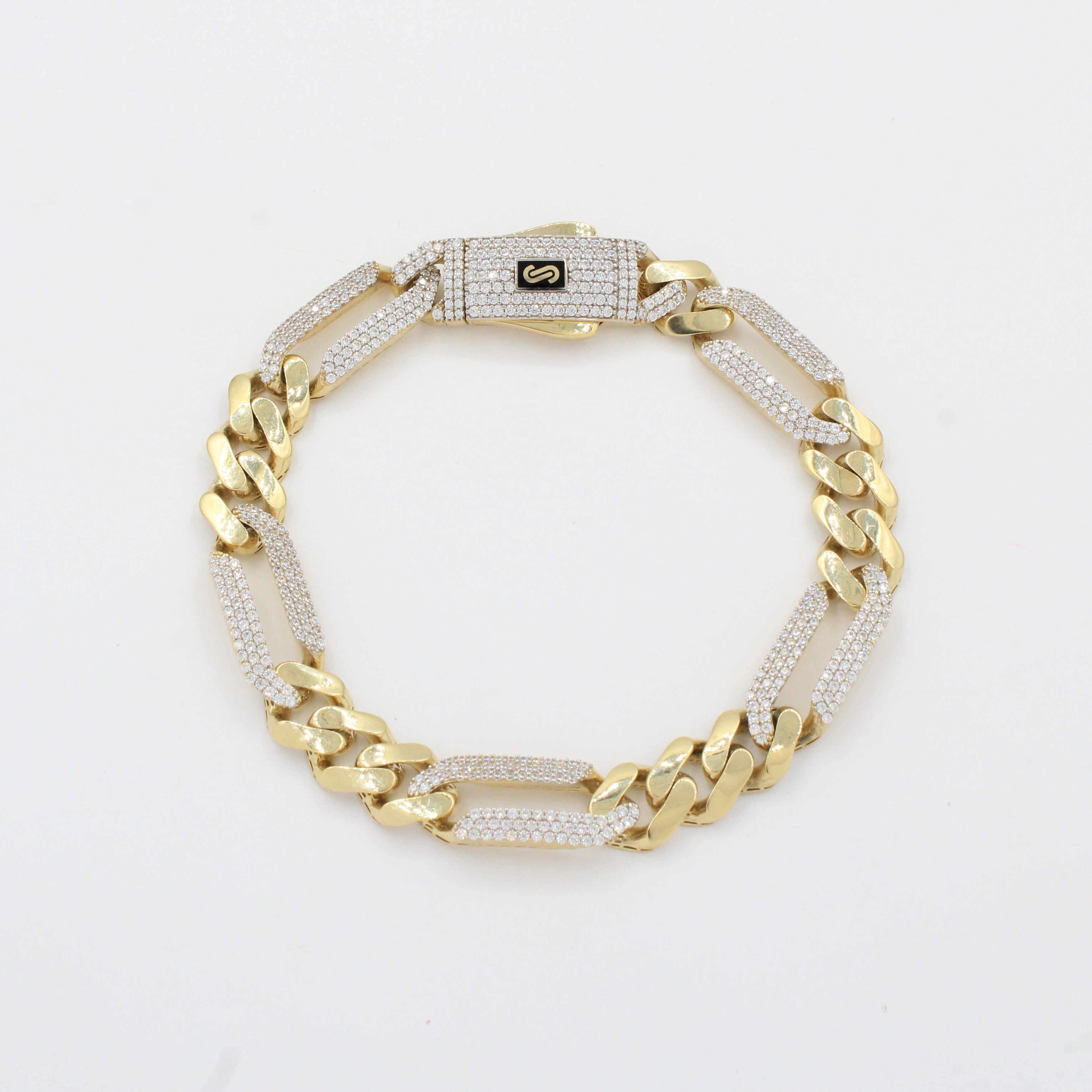 Pulsera Monaco Chain de Oro 14k Hueco Modelo Figaro 3x1 Alt Pavé Swarovski mod. 10329