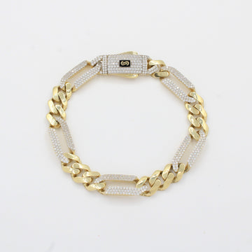 Pulsera Monaco Chain de Oro 14k Hueco Modelo Figaro 3x1 Alt Pavé Swarovski mod. 10329