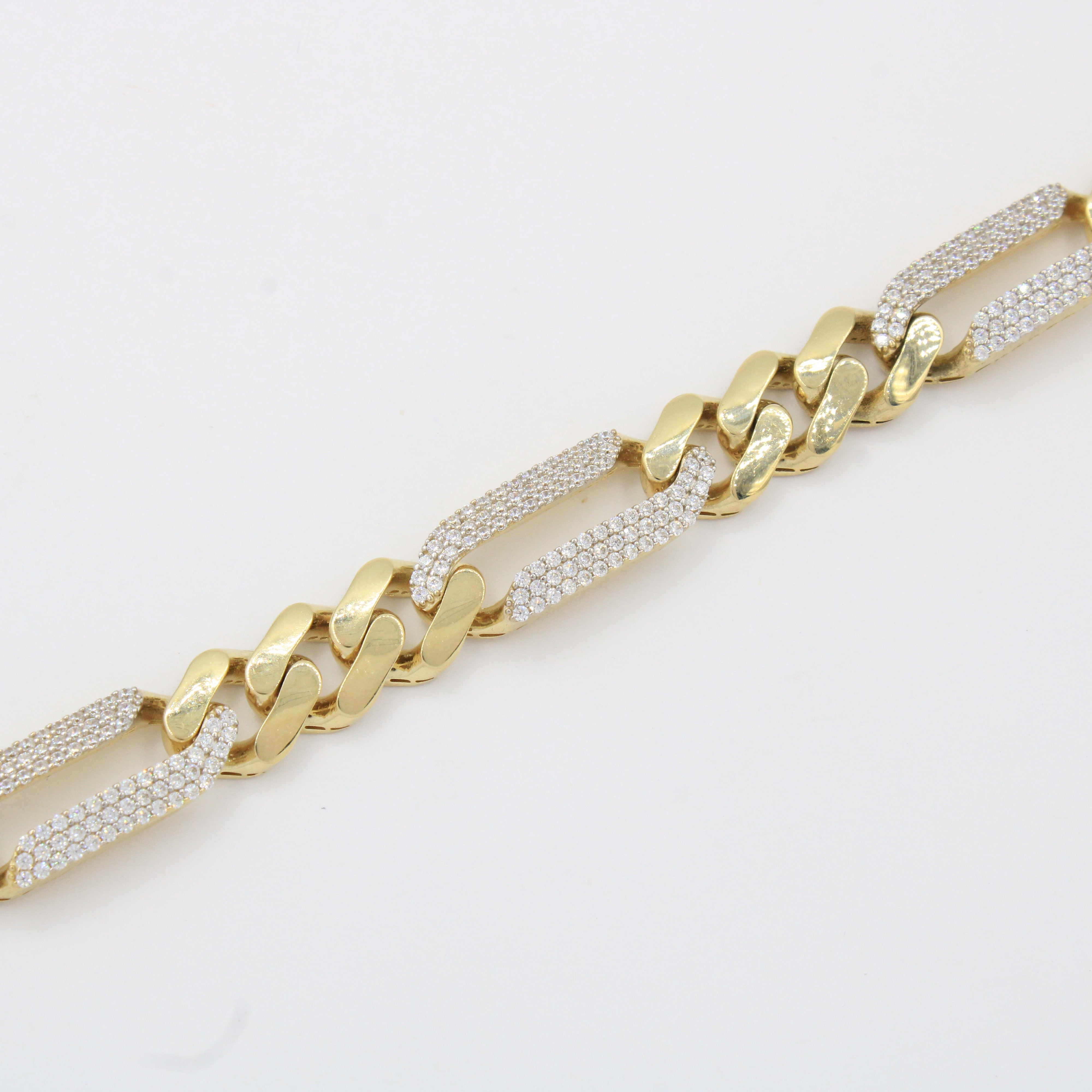 Pulsera Monaco Chain de Oro 14k Hueco Modelo Figaro 3x1 Alt Pavé Swarovski mod. 10329