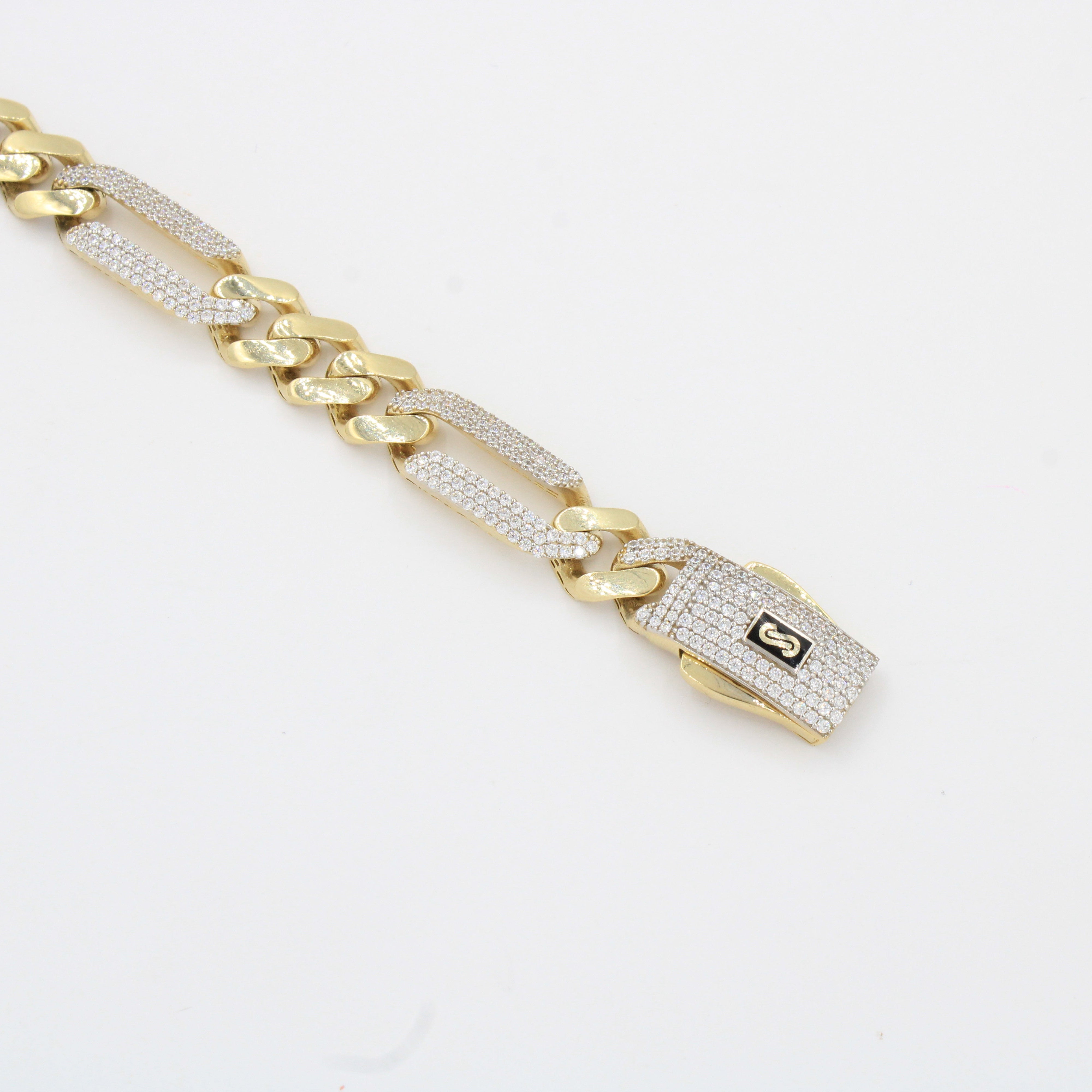 Pulsera Monaco Chain de Oro 14k Hueco Modelo Figaro 3x1 Alt Pavé Swarovski mod. 10329