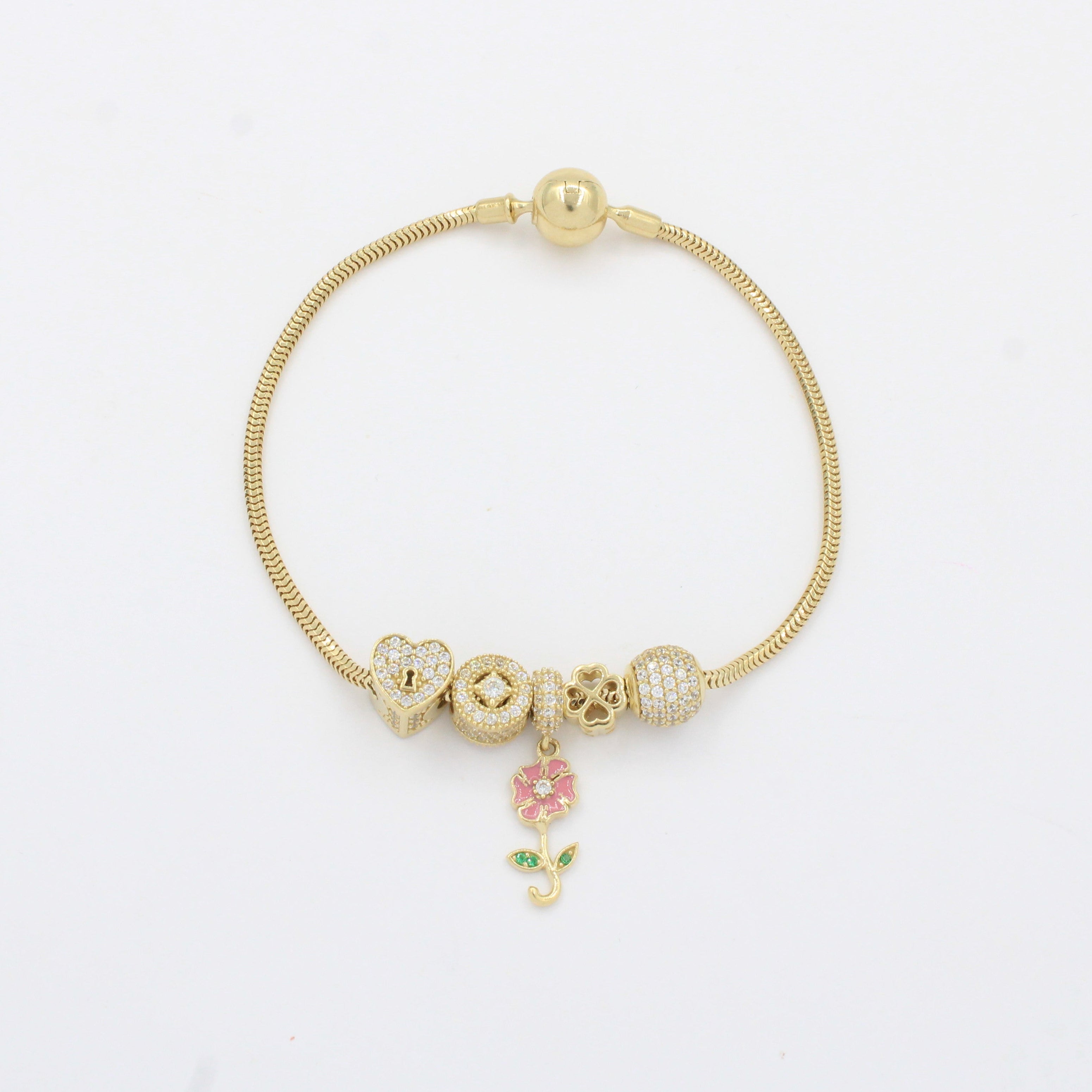 Pulsera de Oro 14k Tejido Cola de Rata con Dijes Charm Especiales con Zirconias mod. 10332