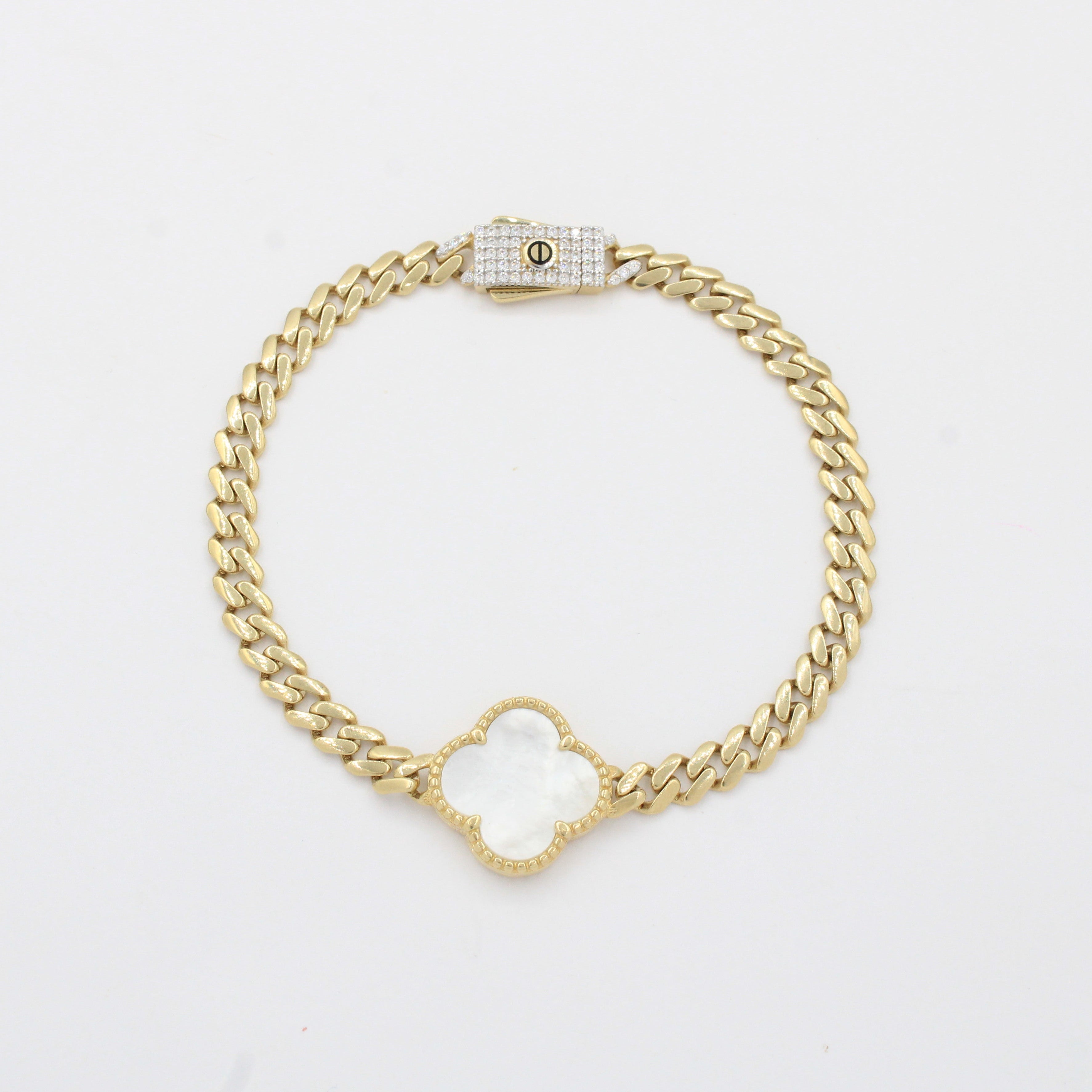 Pulsera de Oro 14k Tejido Barbado Hueo con Trébol de Madre Perla y Broche con Zirconias mod. 10333