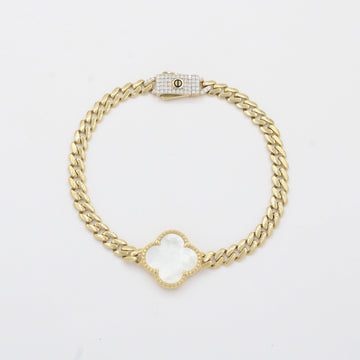 Pulsera de Oro 14k Tejido Barbado Hueo con Trébol de Madre Perla y Broche con Zirconias mod. 10333
