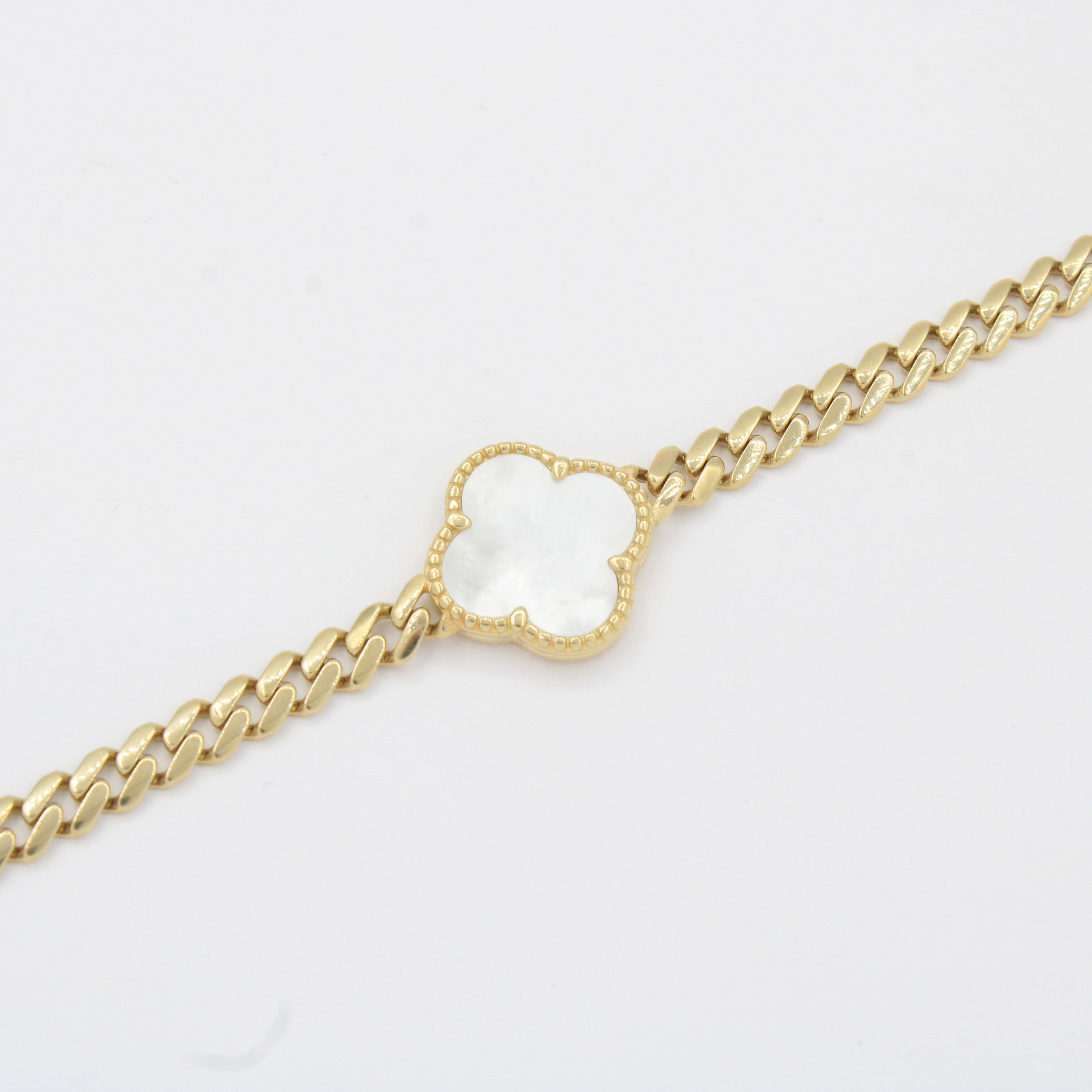 Pulsera de Oro 14k Tejido Barbado Hueo con Trébol de Madre Perla y Broche con Zirconias mod. 10333