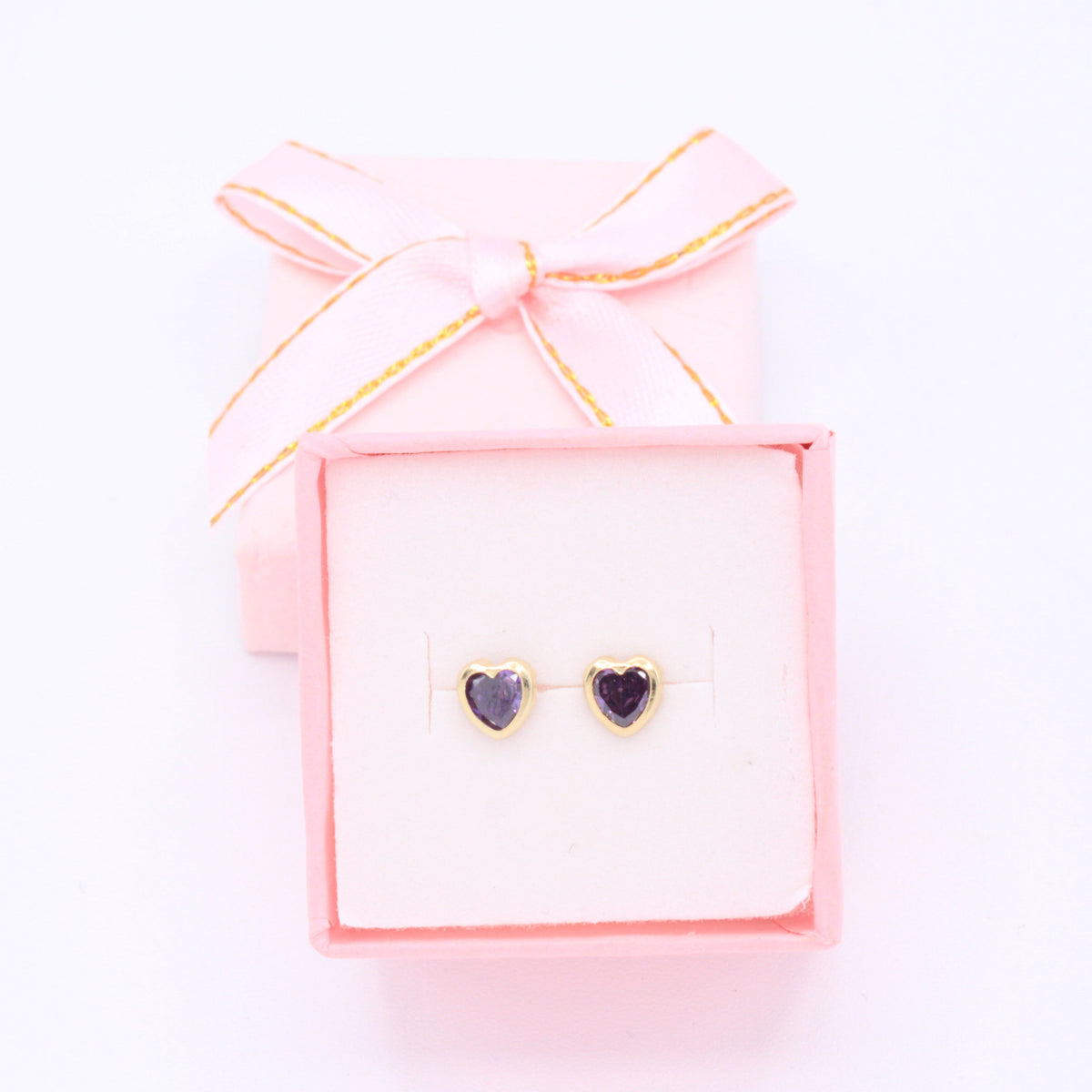 Broquel de Oro 14k Corazón con Zirconia Morada Incrustada Mod. 11165