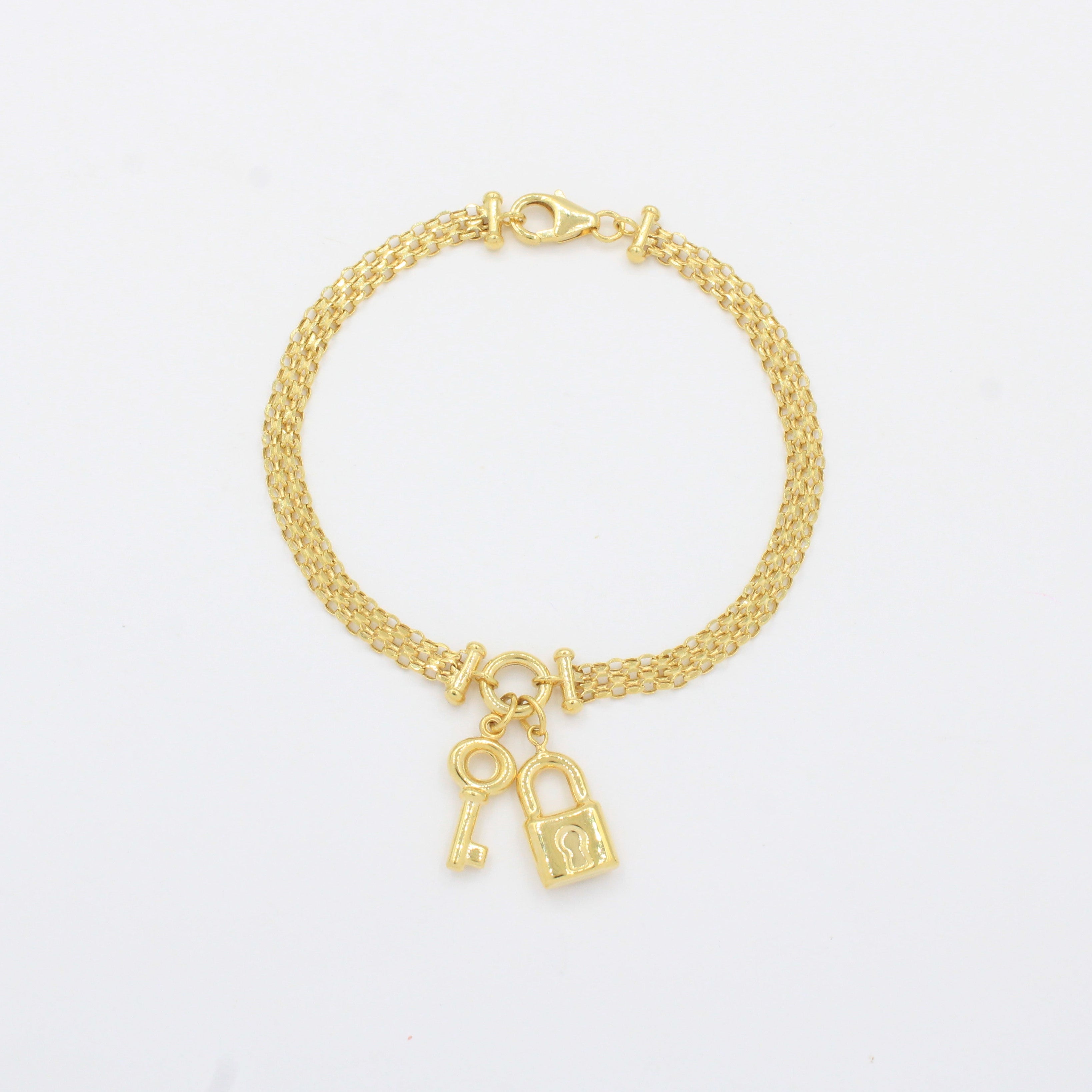 Pulsera de Oro 14k Tejido Fino y Ligero con Dijes de Llave y Candado mod. 10336