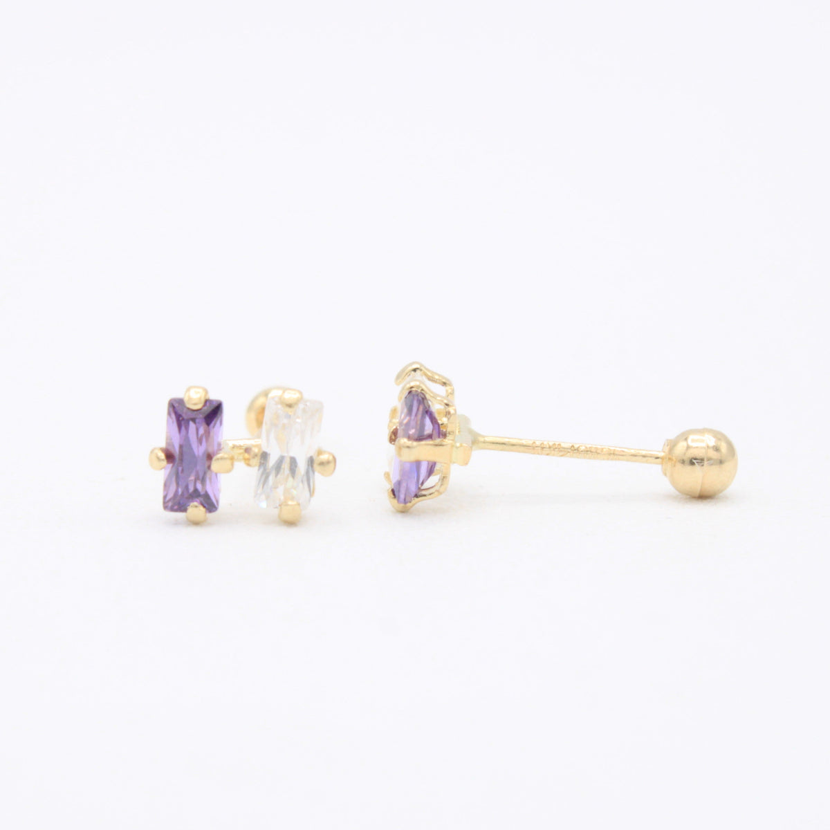 Broquel de Oro 14k Doble Zirconia con Color Morado Mod. 11155