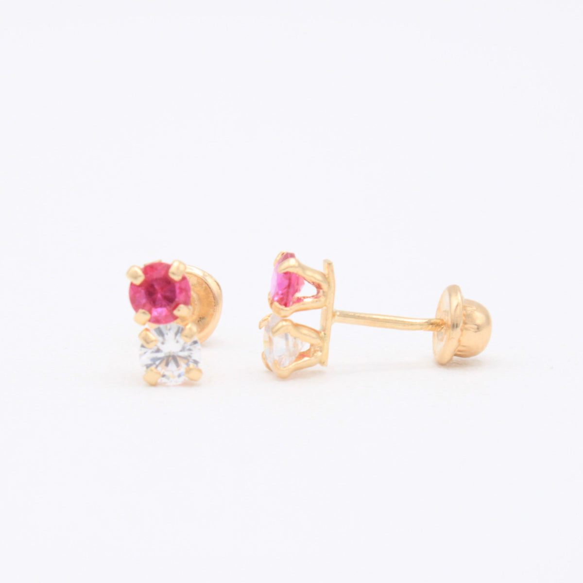 Broquel de Oro 14k Doble Zirconia con Zirconia Magenta Mod. 11158