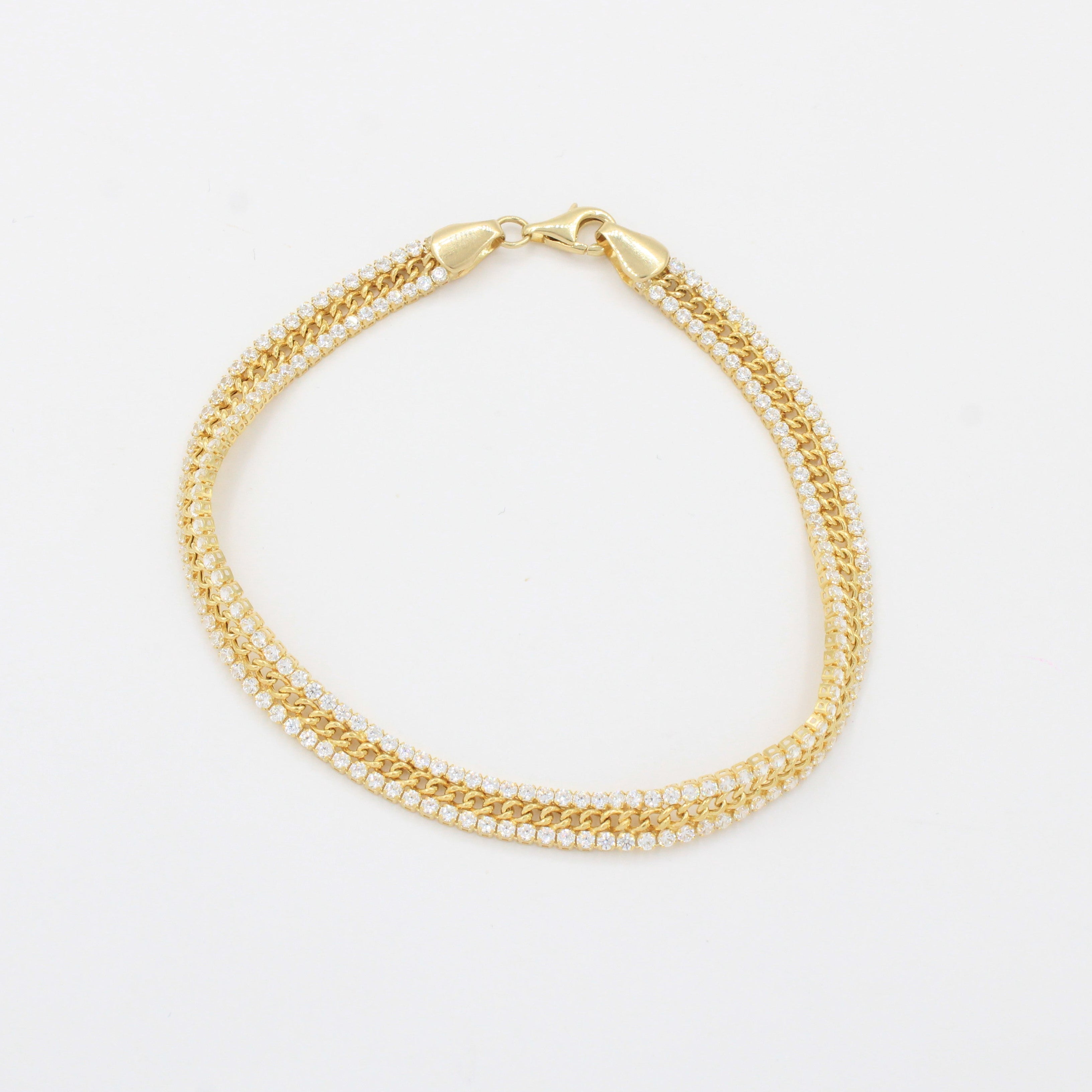 Pulsera de Oro 14k Tejido Fino con Laterales Incrustados de Zirconias Finas mod. 10338
