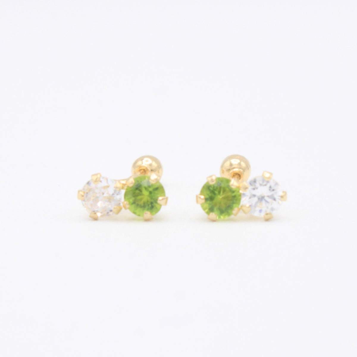 Broquel de Oro 14k Doble Zirconia con Color Verde  Mod. 11161