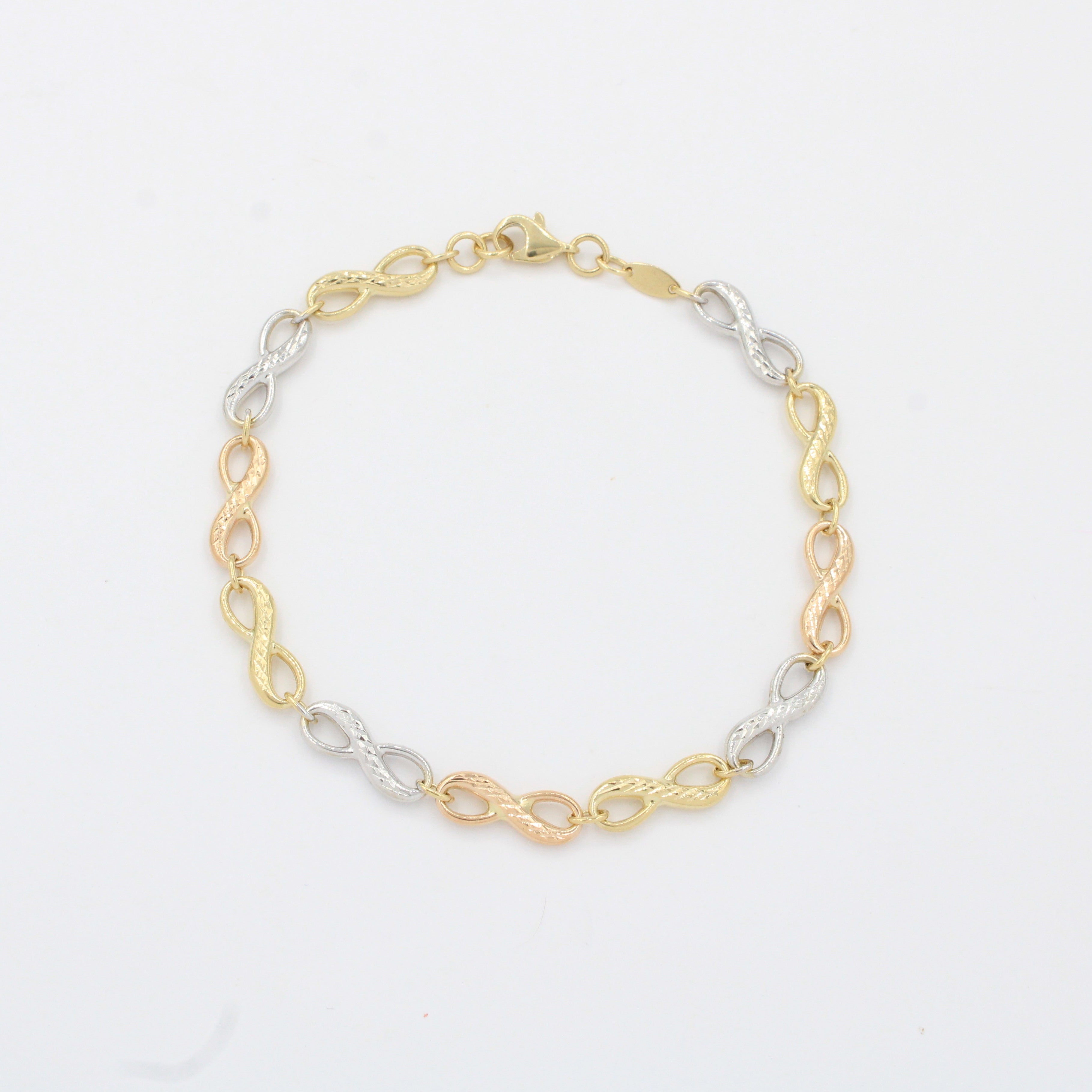 Pulsera de Oro 14k Tejido Hueco de Eslabones Diamantados en Forma Infinitos mod. 10339