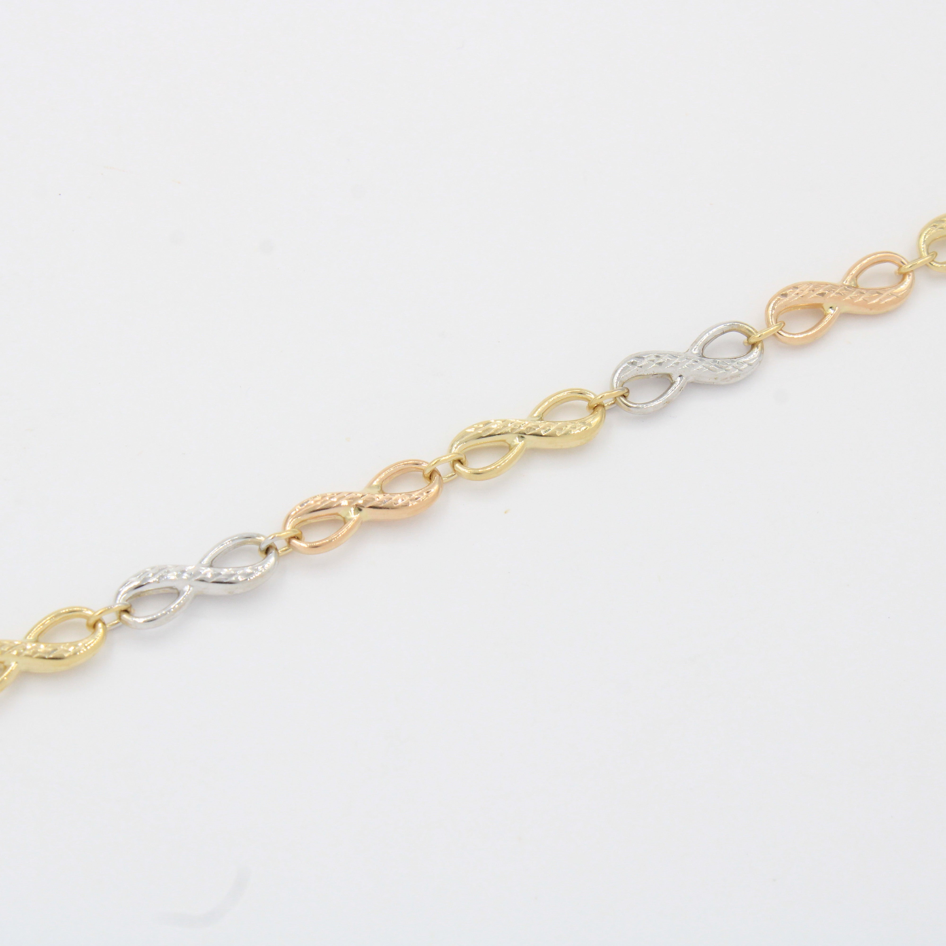 Pulsera de Oro 14k Tejido Hueco de Eslabones Diamantados en Forma Infinitos mod. 10339