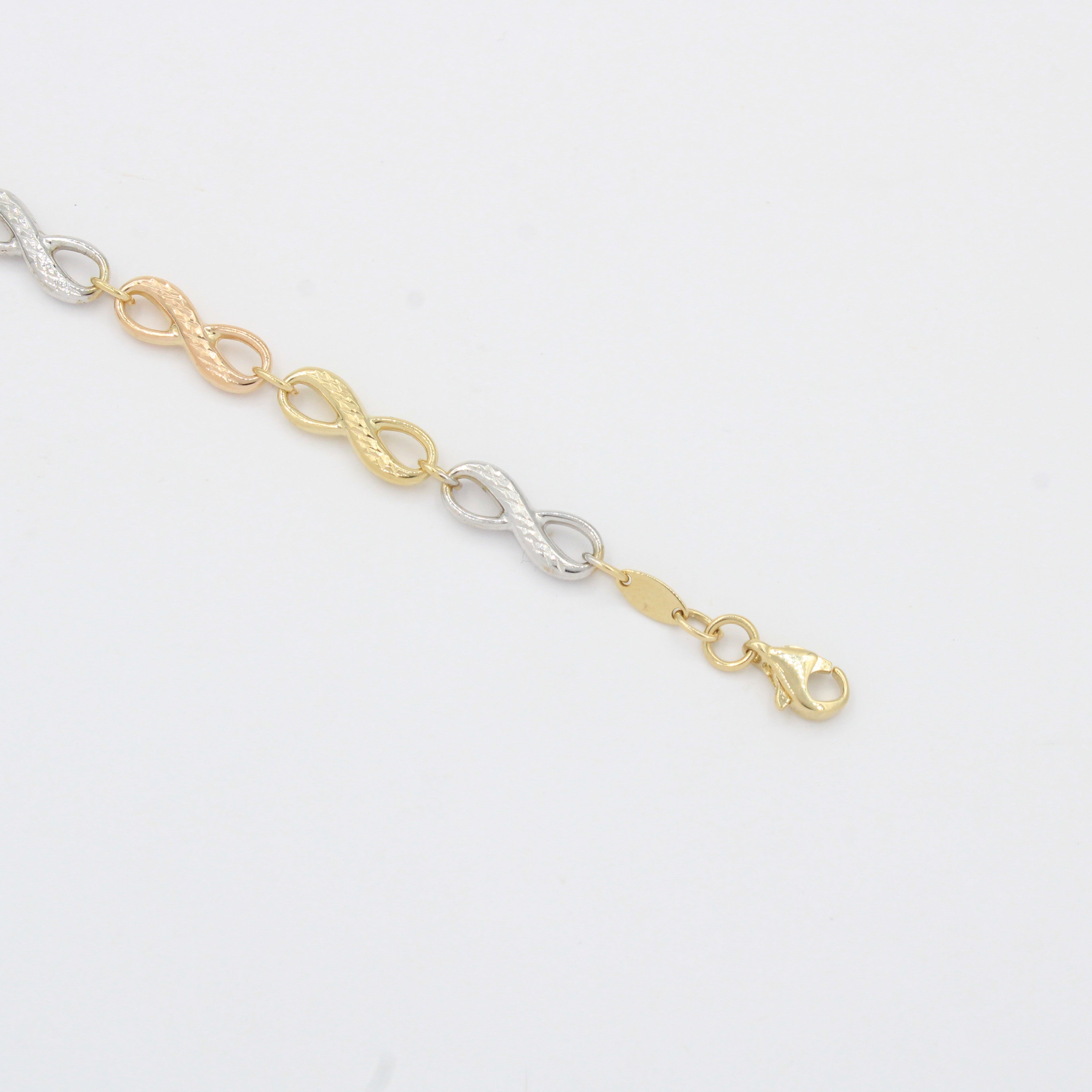 Pulsera de Oro 14k Tejido Hueco de Eslabones Diamantados en Forma Infinitos mod. 10339
