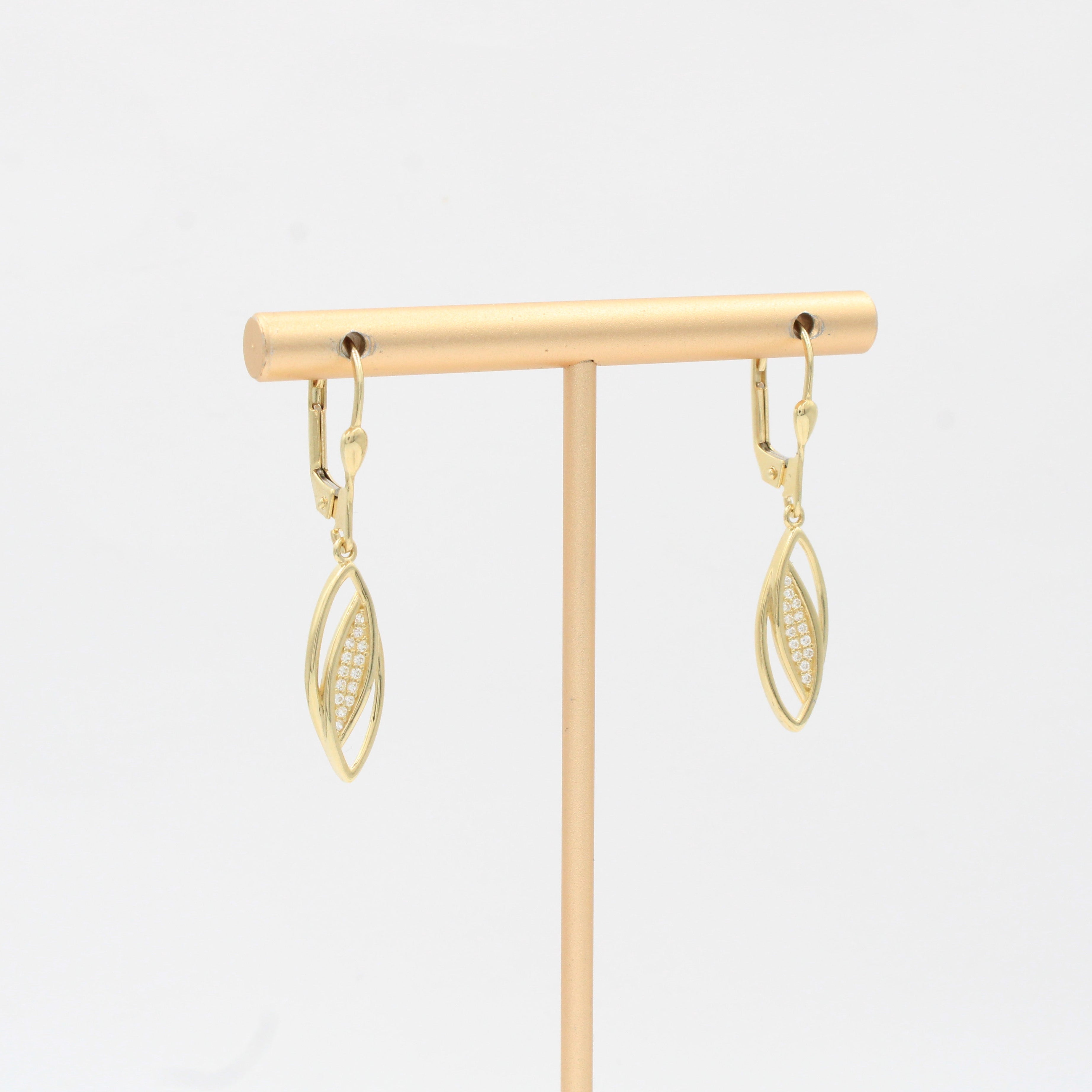 Arete Largo de Oro 14k Diseño Doble Oval con Zirconias mod. 10345