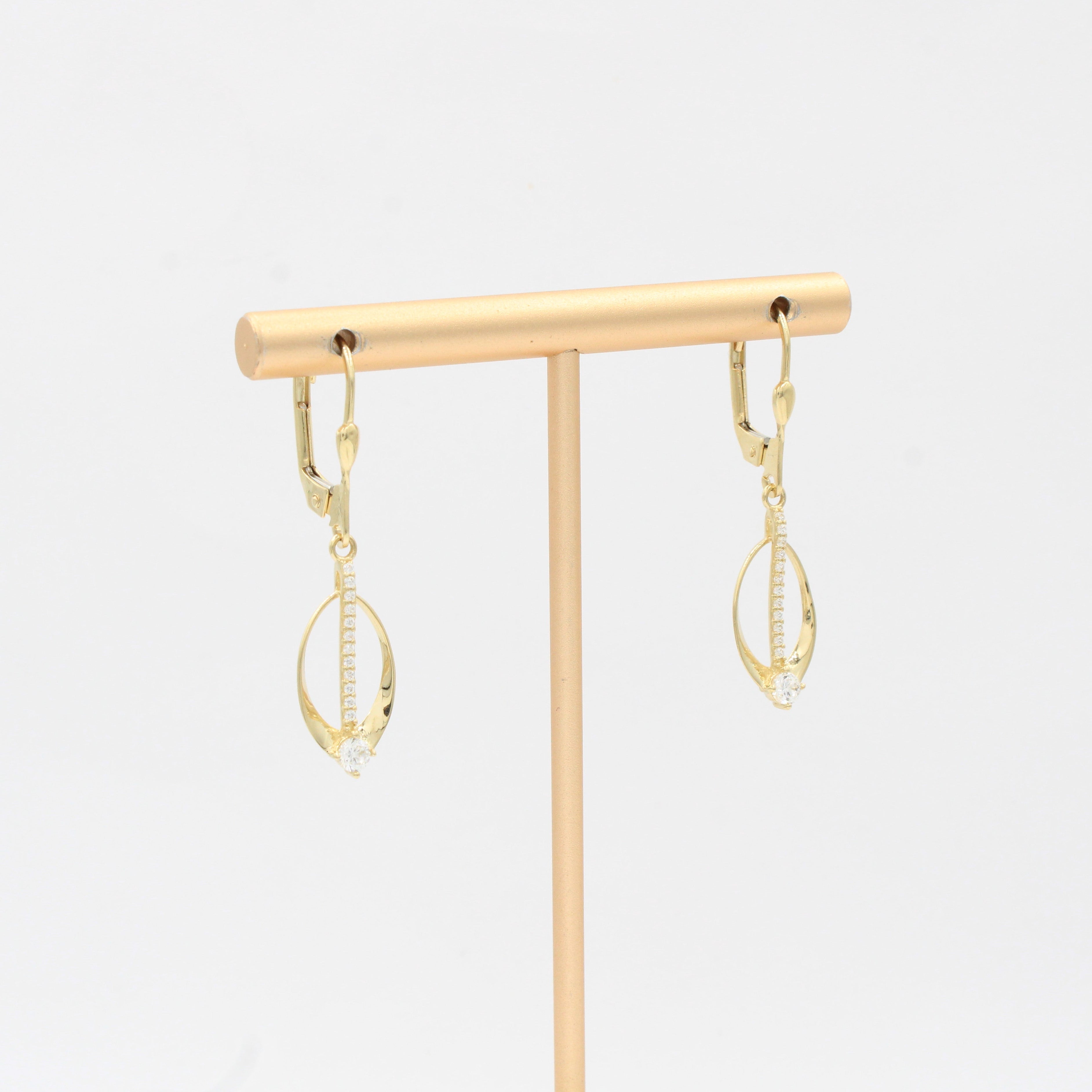 Arete Largo de Oro 14k Diseño Oval Fino con Línea de Zirconias Brillantes mod. 10346