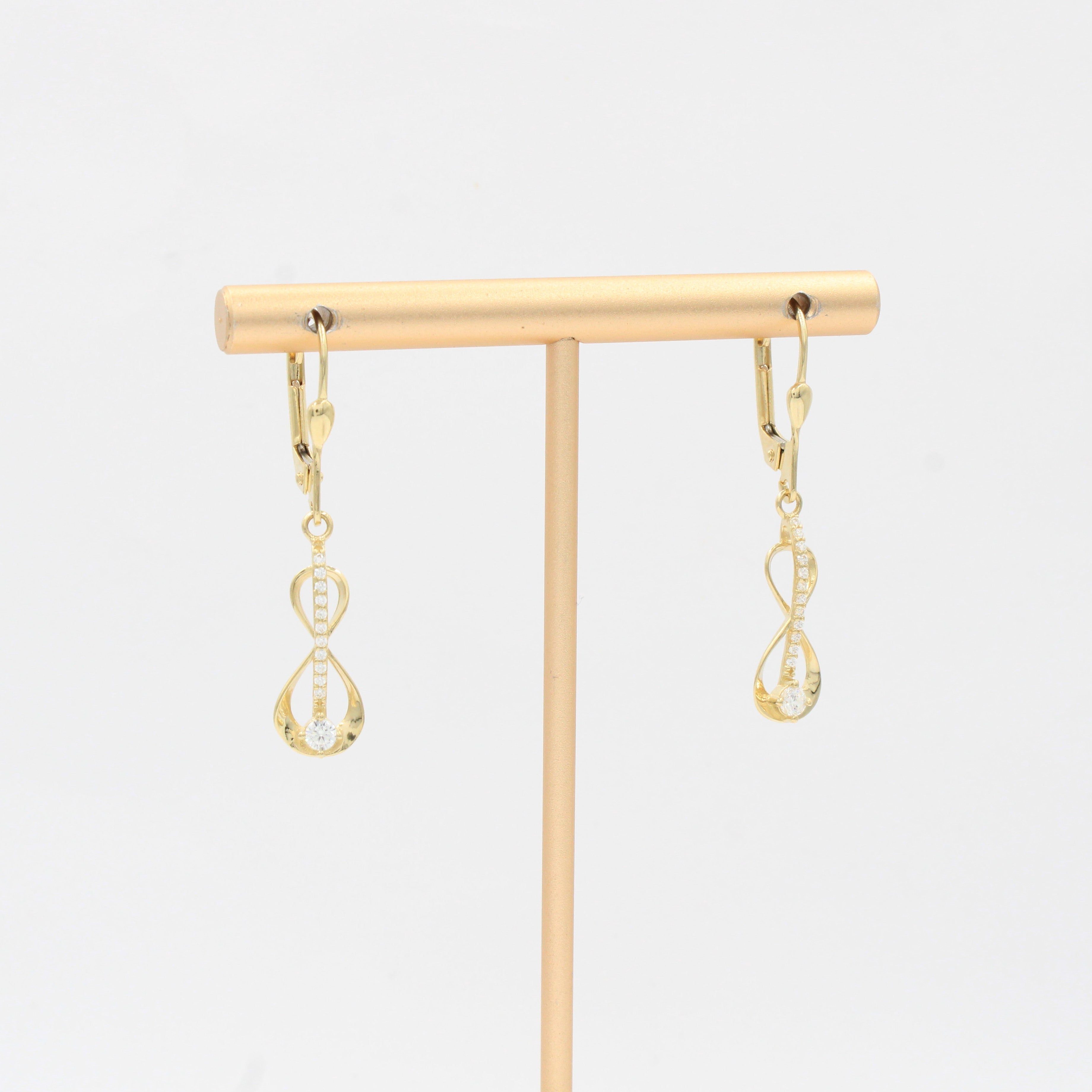 Arete Largo de Oro 14k Diseño con Forma de Infinito Incrustado con Zirconias mod. 10348