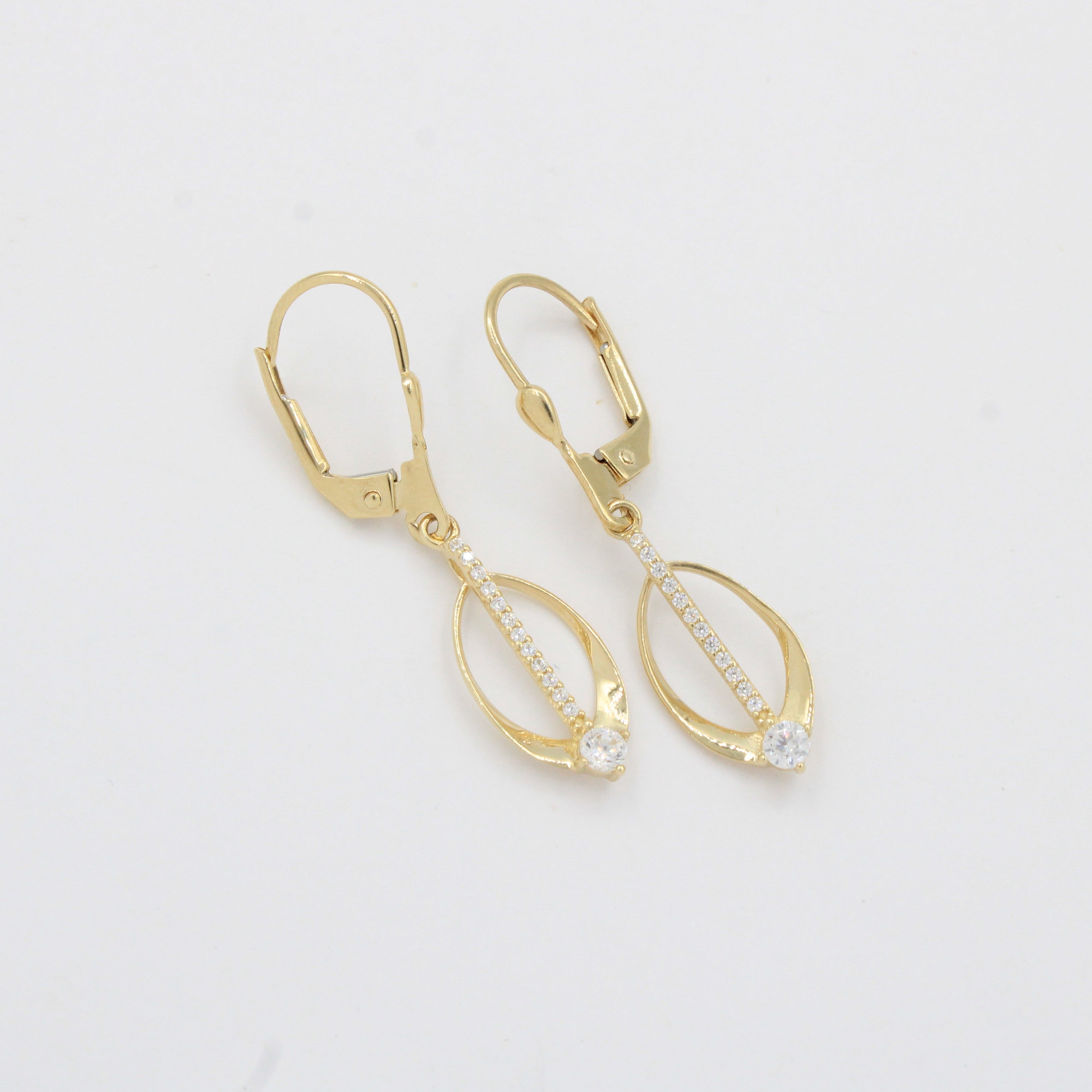 Arete Largo de Oro 14k Diseño Oval Fino con Línea de Zirconias Brillantes mod. 10346