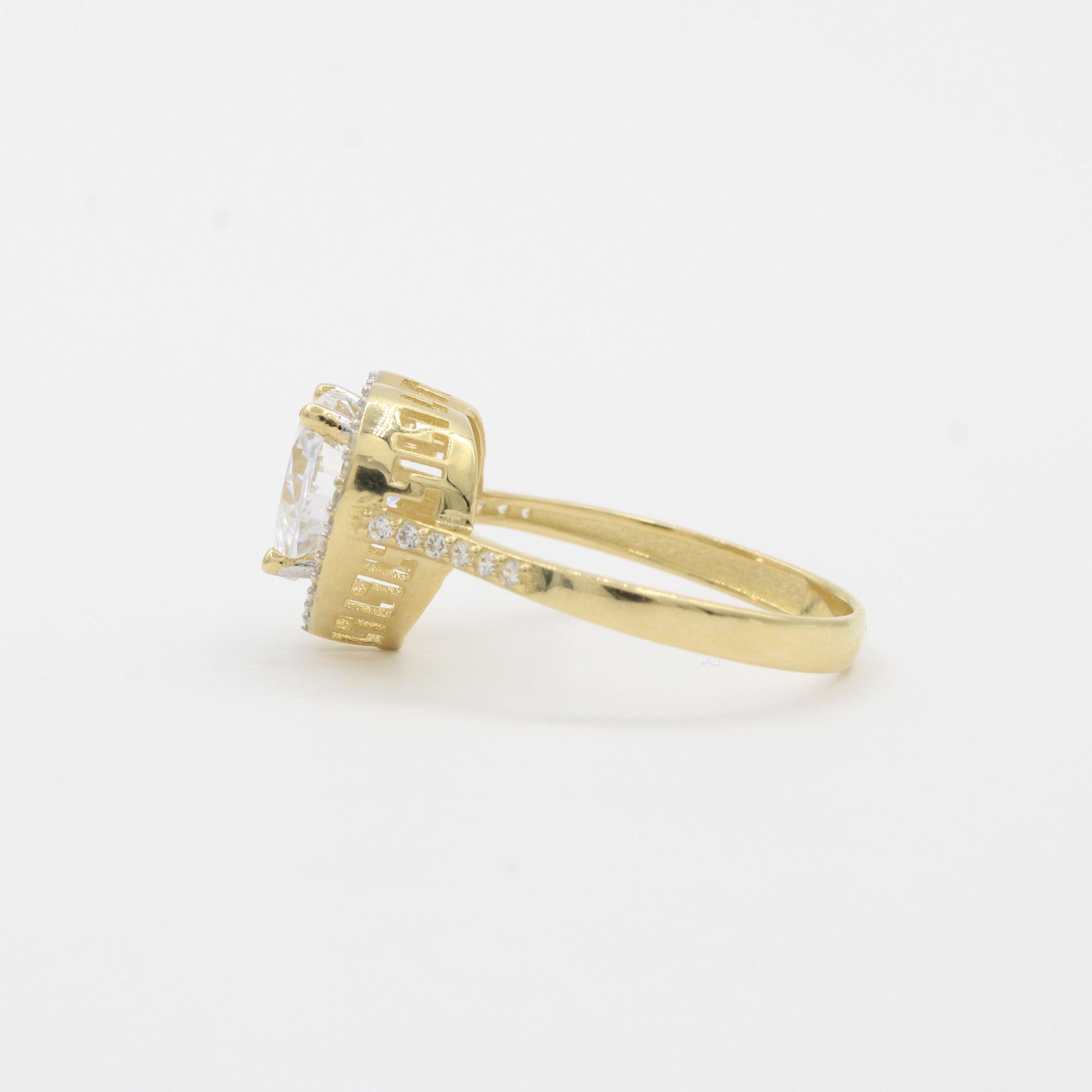 Anillo de Oro 14k Fino con Corazón de Zirconia Brillante en Montadura con Grecas mod. 10360
