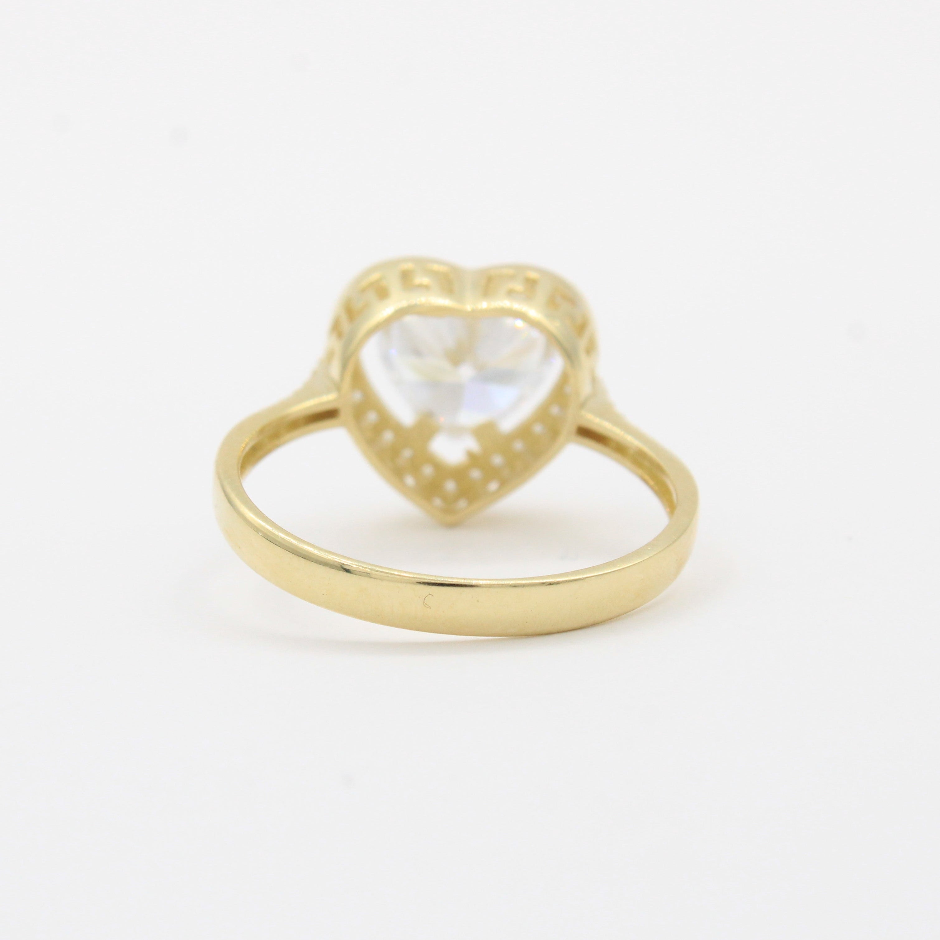 Anillo de Oro 14k Fino con Corazón de Zirconia Brillante en Montadura con Grecas mod. 10360