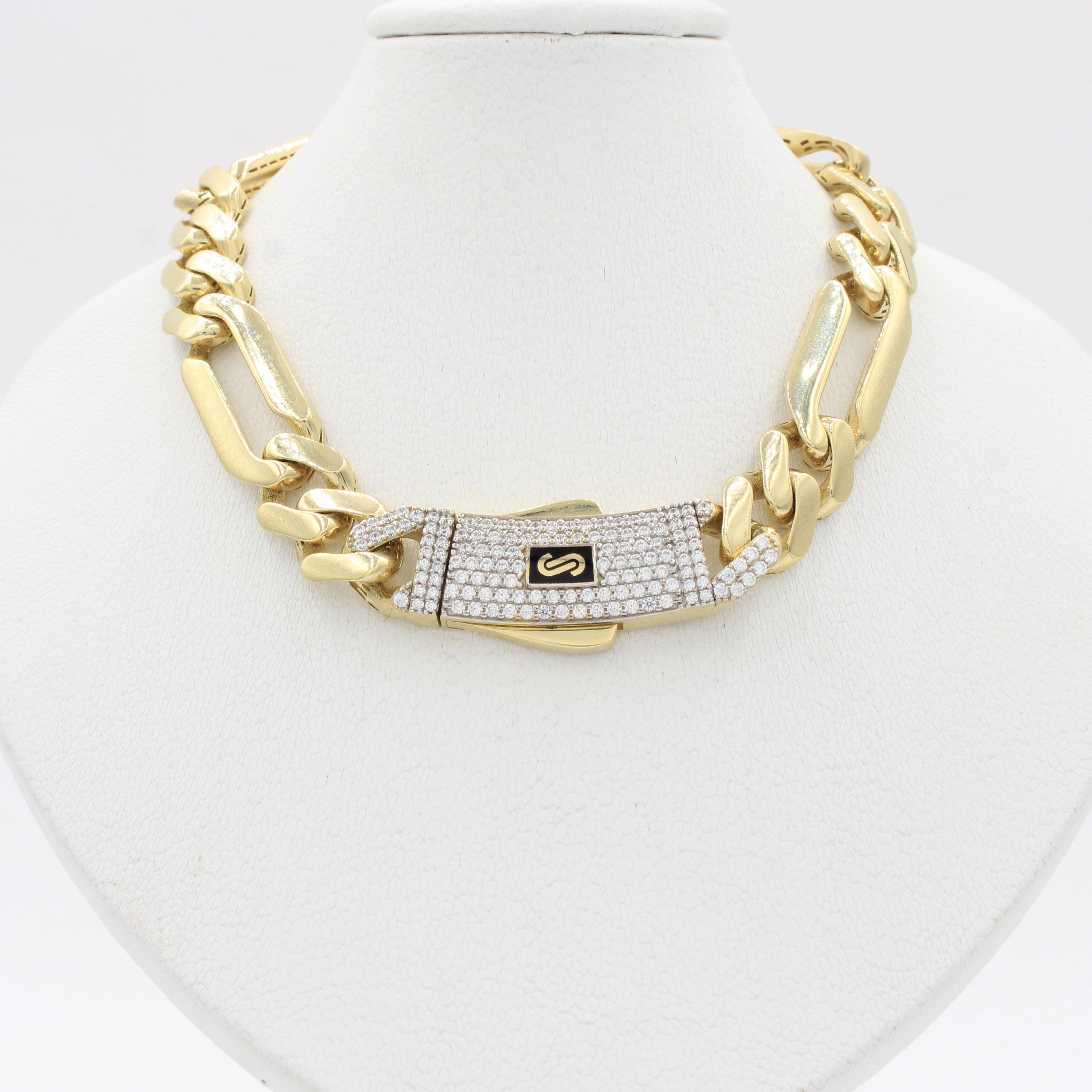 Cadena Monaco Chain de Oro 14k Hueco Modelo Figaro Plain con Broche Pavé Swarovski mod. 10363