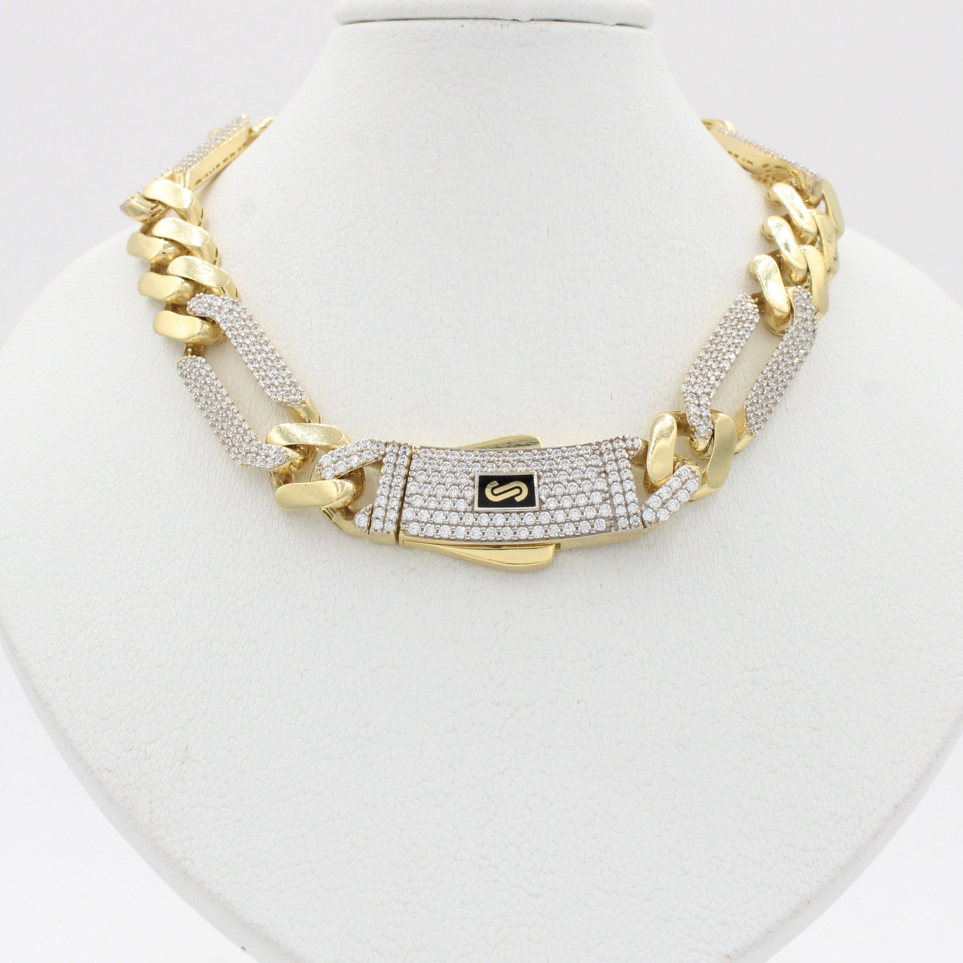 Cadena Monaco Chain de Oro 14k Hueco Modelo Figaro Alt Pavé Swarovski mod. 10368