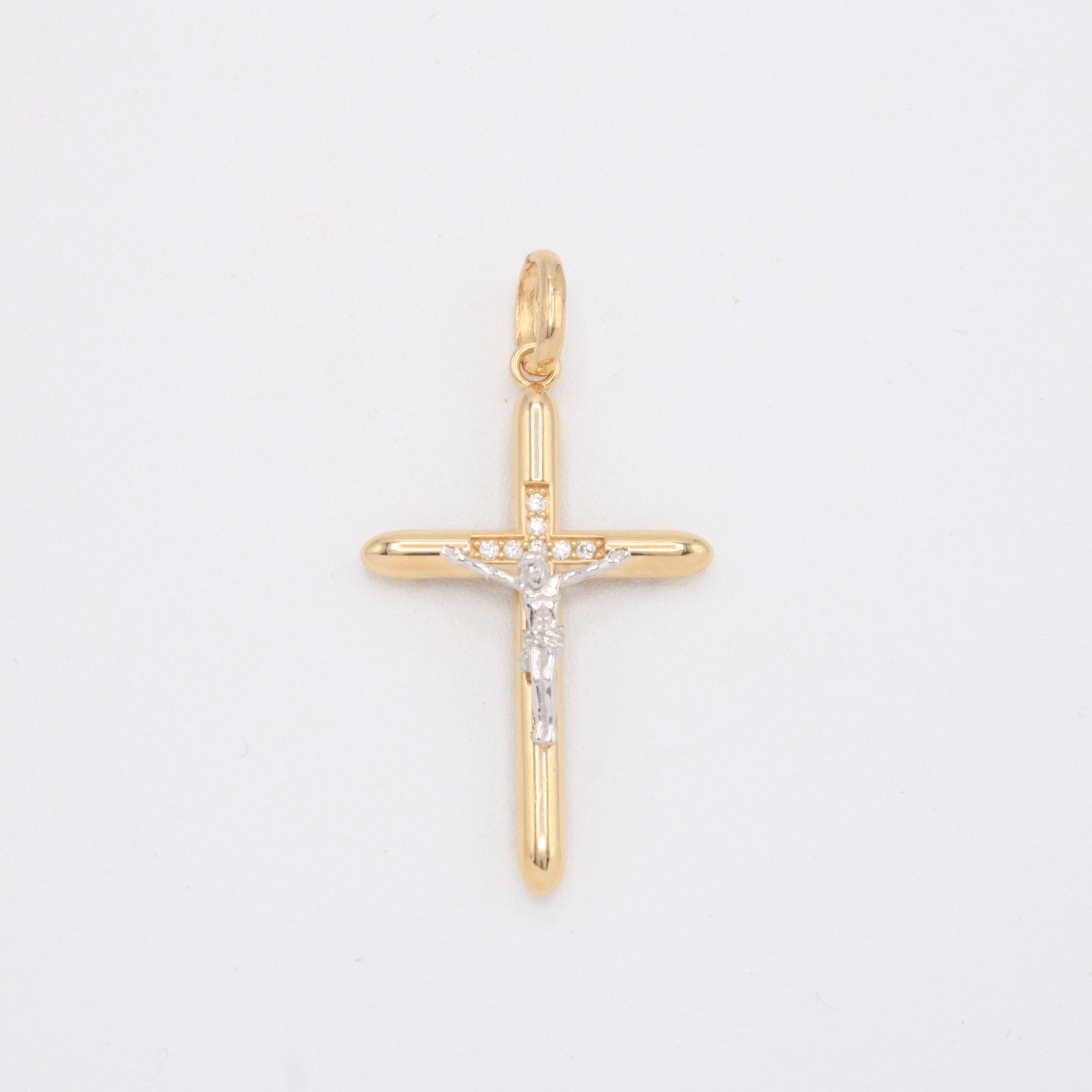 Dije de Oro 14k Cruz con Cristo en Oro Blanco y Zirconias mod. 10912