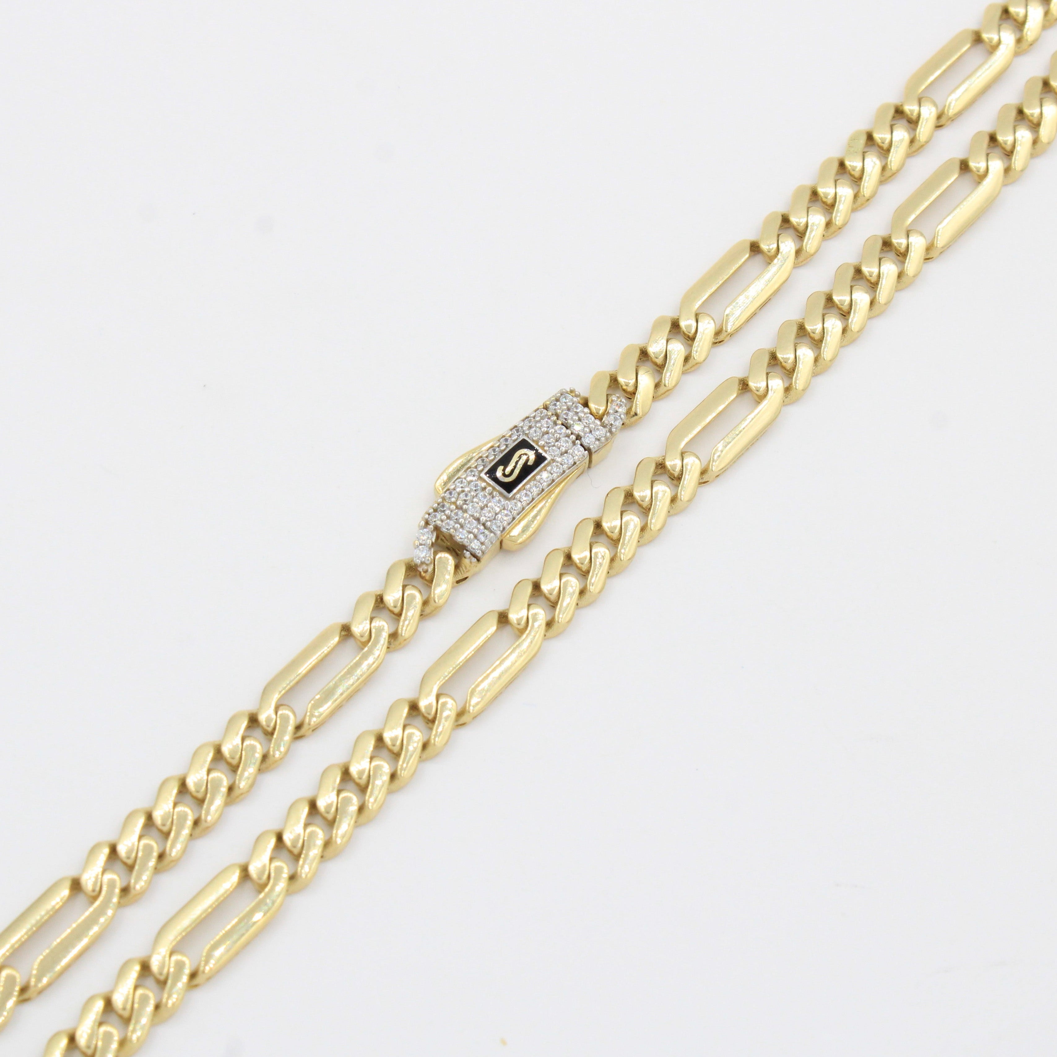 Cadena Monaco Chain de Oro 14k Hueco Modelo Figaro Plain con Broche Pavé Swarovski mod. 10367