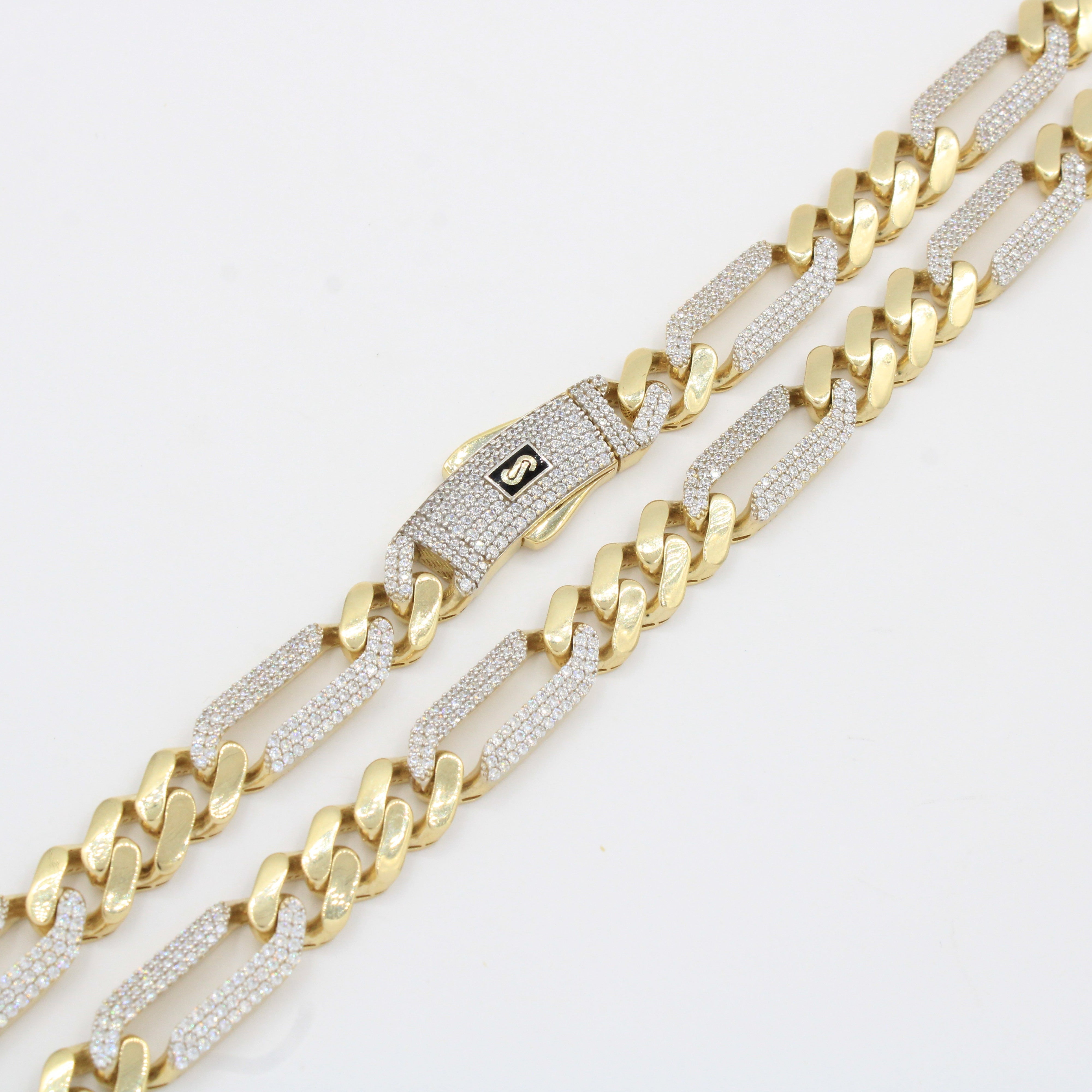 Cadena Monaco Chain de Oro 14k Hueco Modelo Figaro Alt Pavé Swarovski mod. 10368