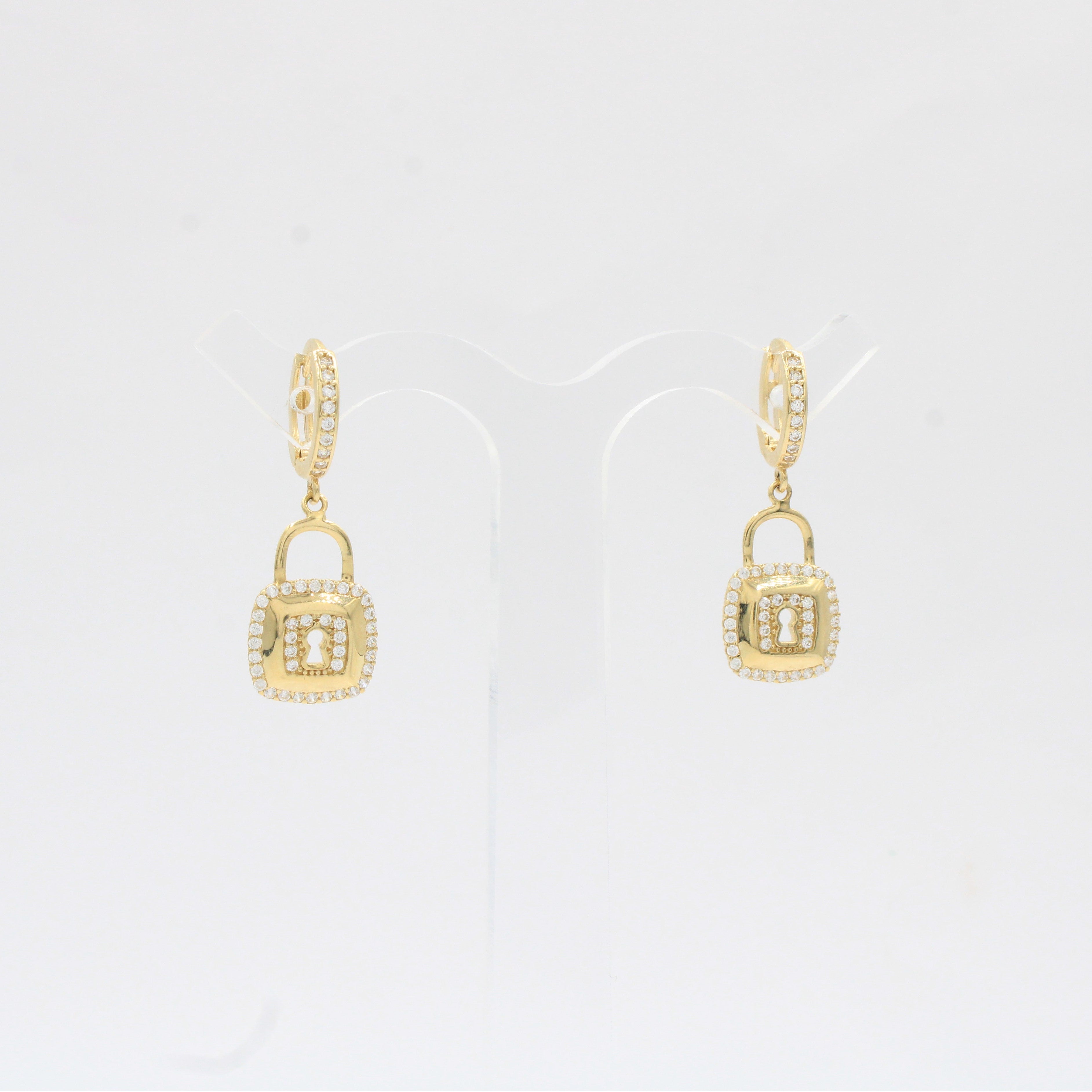 Grapa Larga de Oro 14k Diseño de Candado Brillante con Incrustación de Zirconias mod. 10383