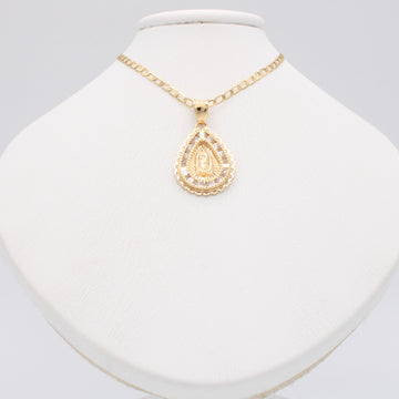 Gargantilla de Oro 14k Tejido Inglés con Dije Gota de la Virgen con Zirconias mod. 11202