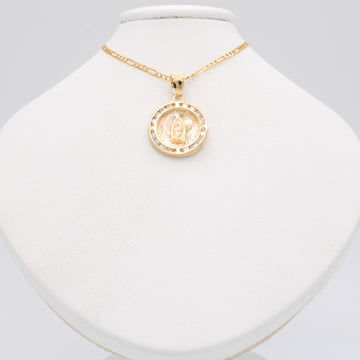 Gargantilla de Oro 14k Tejido 3x1 con Medalla de la Virgen Incrustado con Zirconias mod. 11203