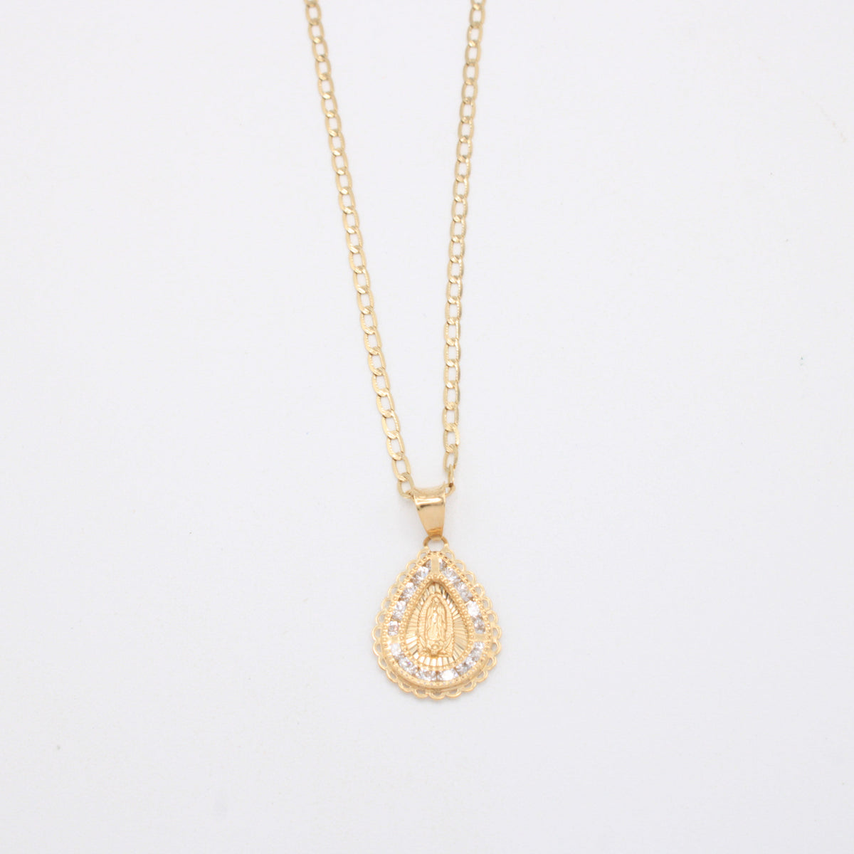 Gargantilla de Oro 14k Tejido Inglés con Dije Gota de la Virgen con Zirconias mod. 11202
